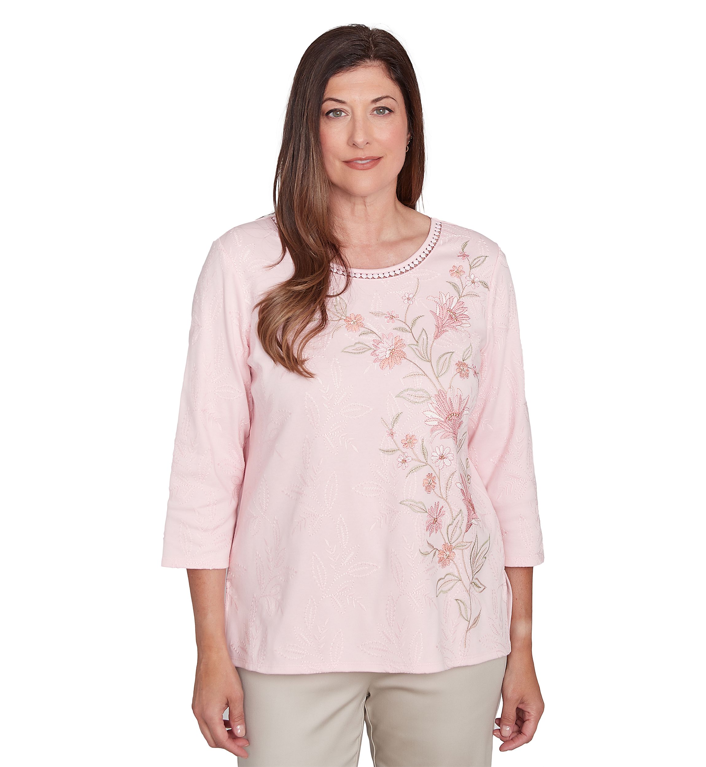 Petite 3/4 Sleeve Asymmetric Floral Embroidered Top
