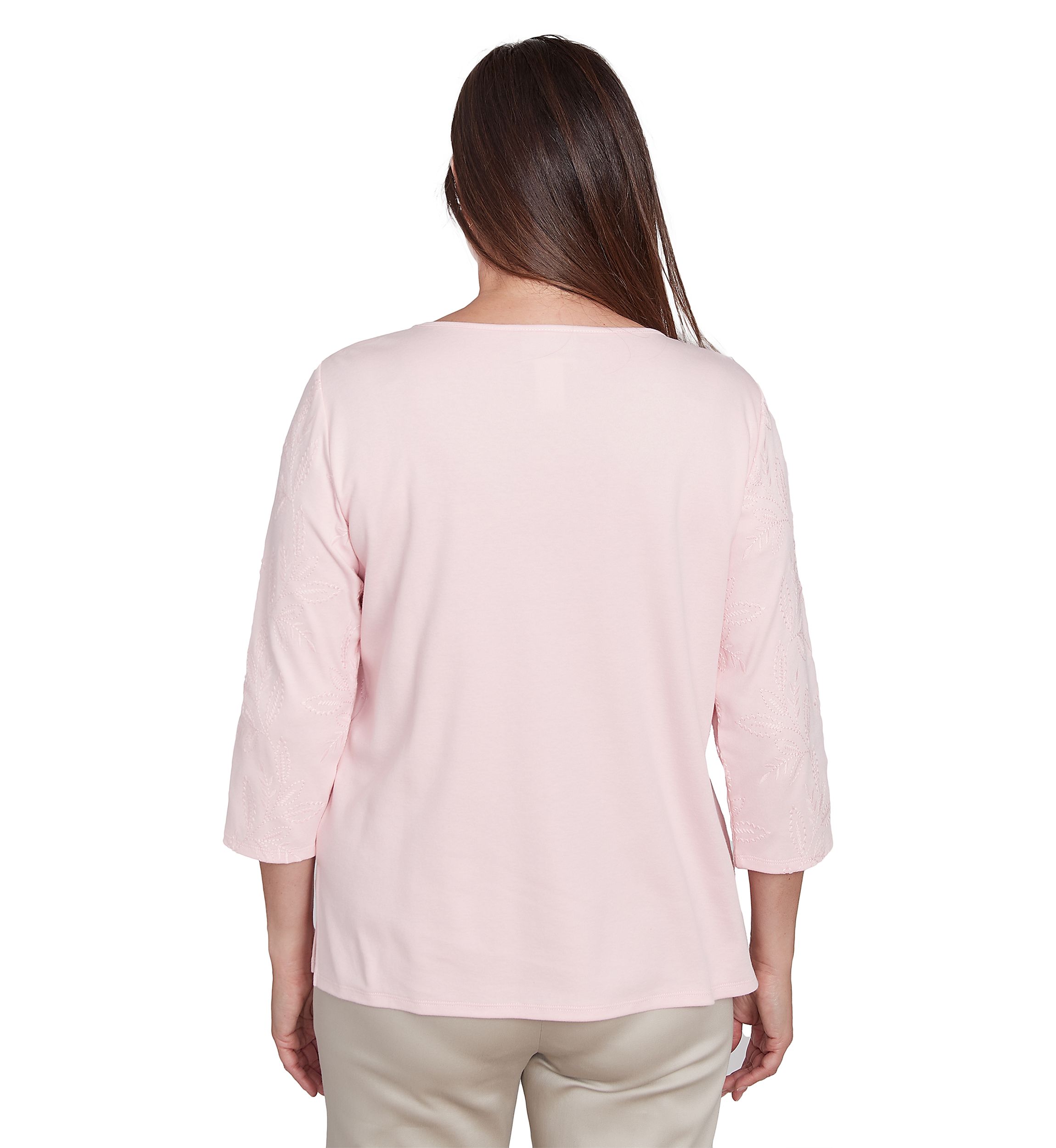 Petite 3/4 Sleeve Asymmetric Floral Embroidered Top