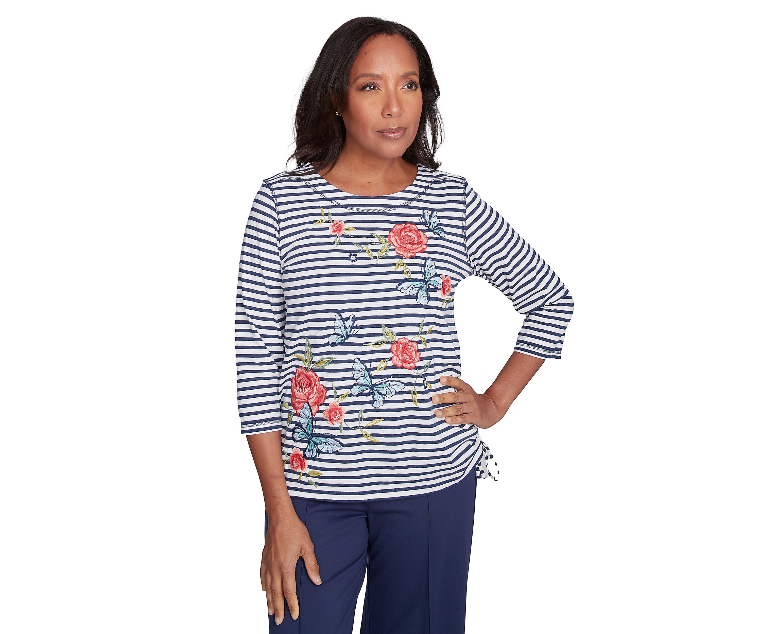 Womens Free Spirit Stripe Embroidered Butterflies Top