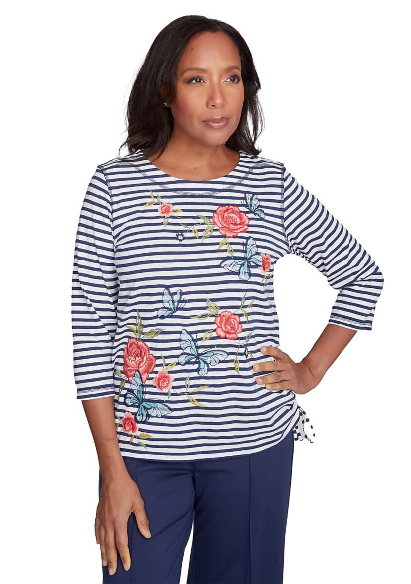 Womens Free Spirit Stripe Embroidered Butterflies Top