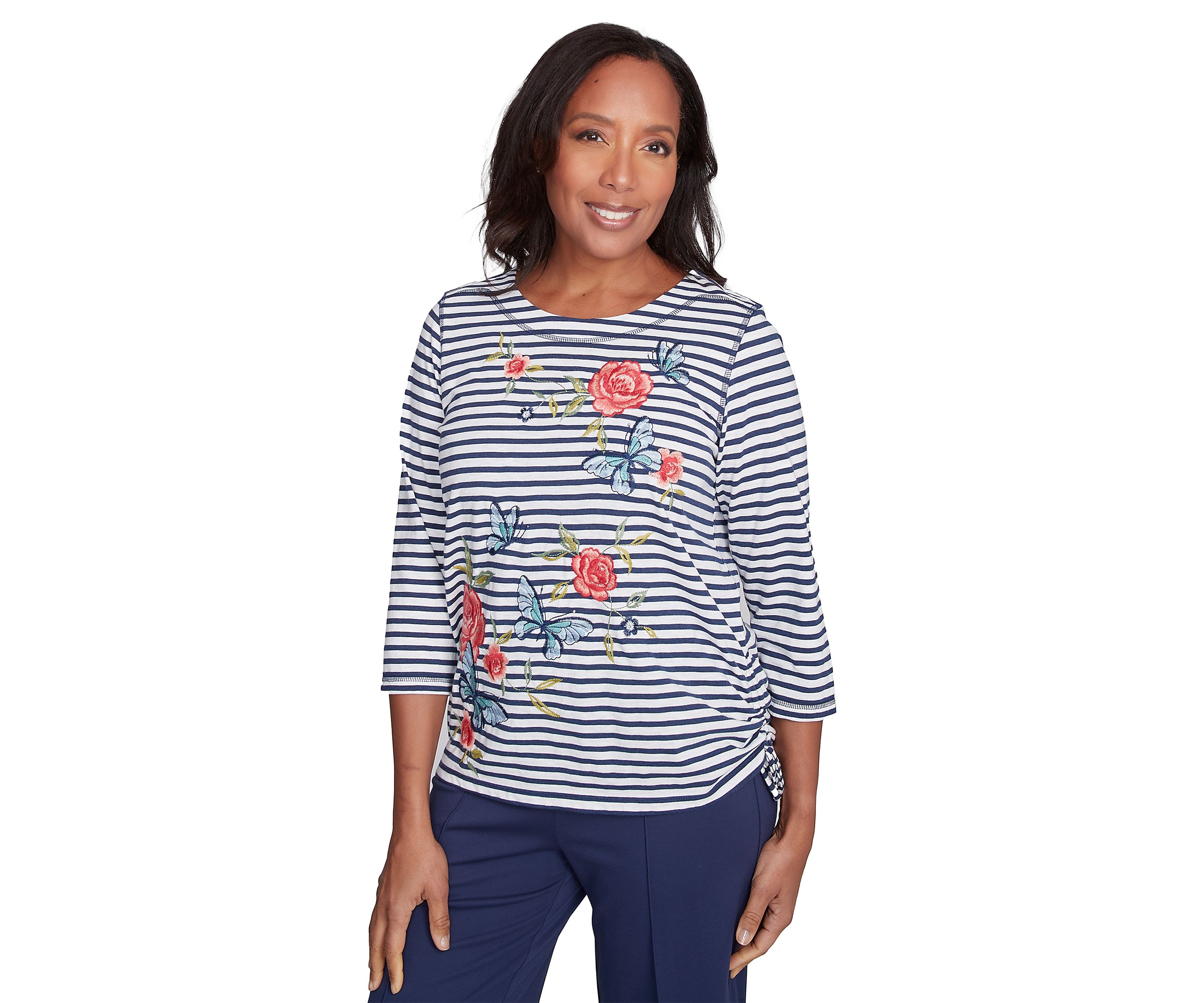 Womens Free Spirit Stripe Embroidered Butterflies Top