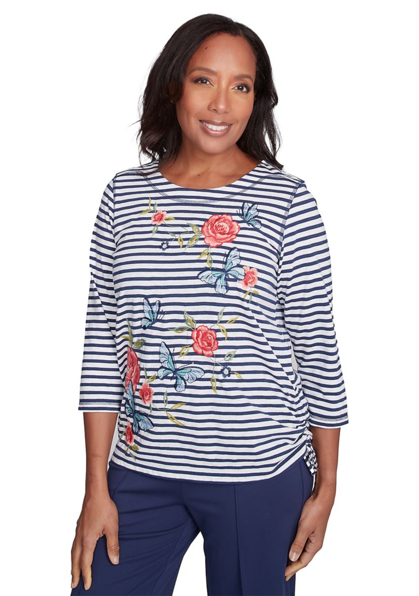 Womens Free Spirit Stripe Embroidered Butterflies Top