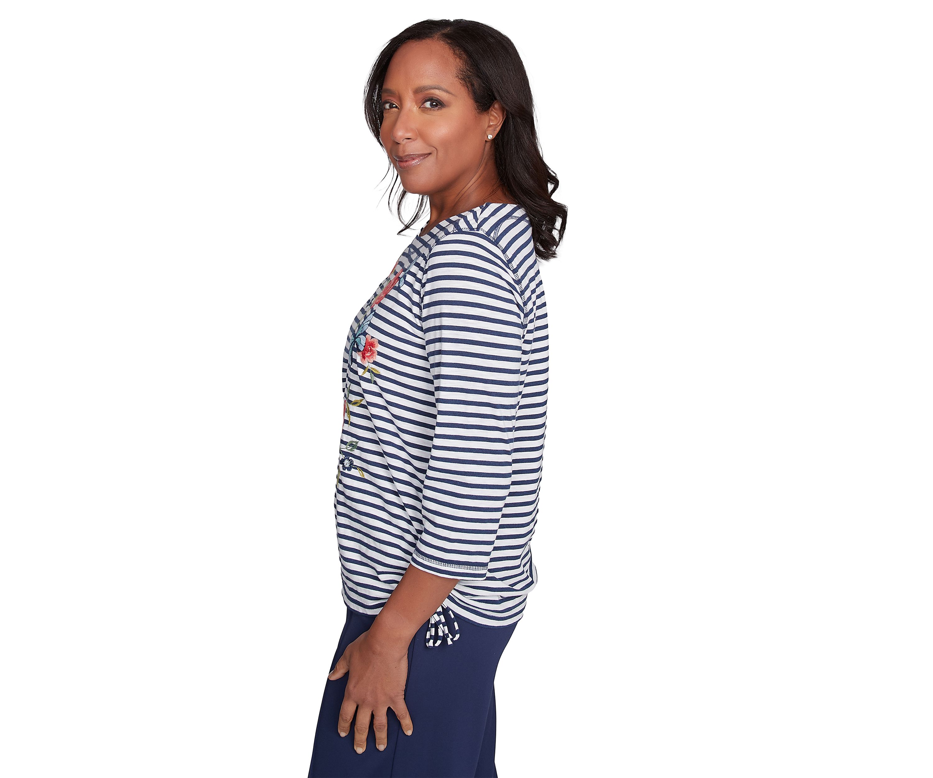 Womens Free Spirit Stripe Embroidered Butterflies Top