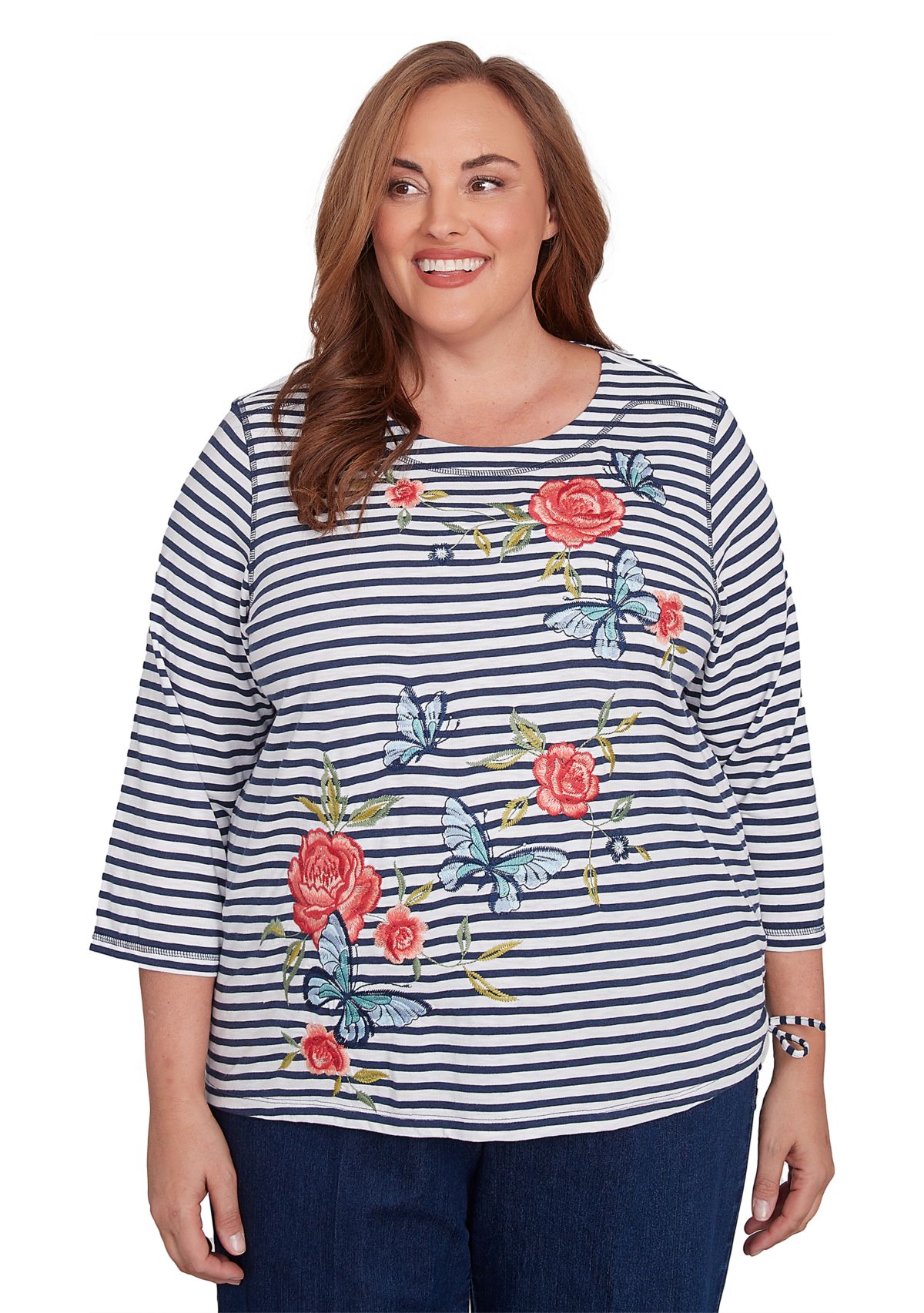 Plus Size Free Spirit Stripe Embroidered Butterflies Top