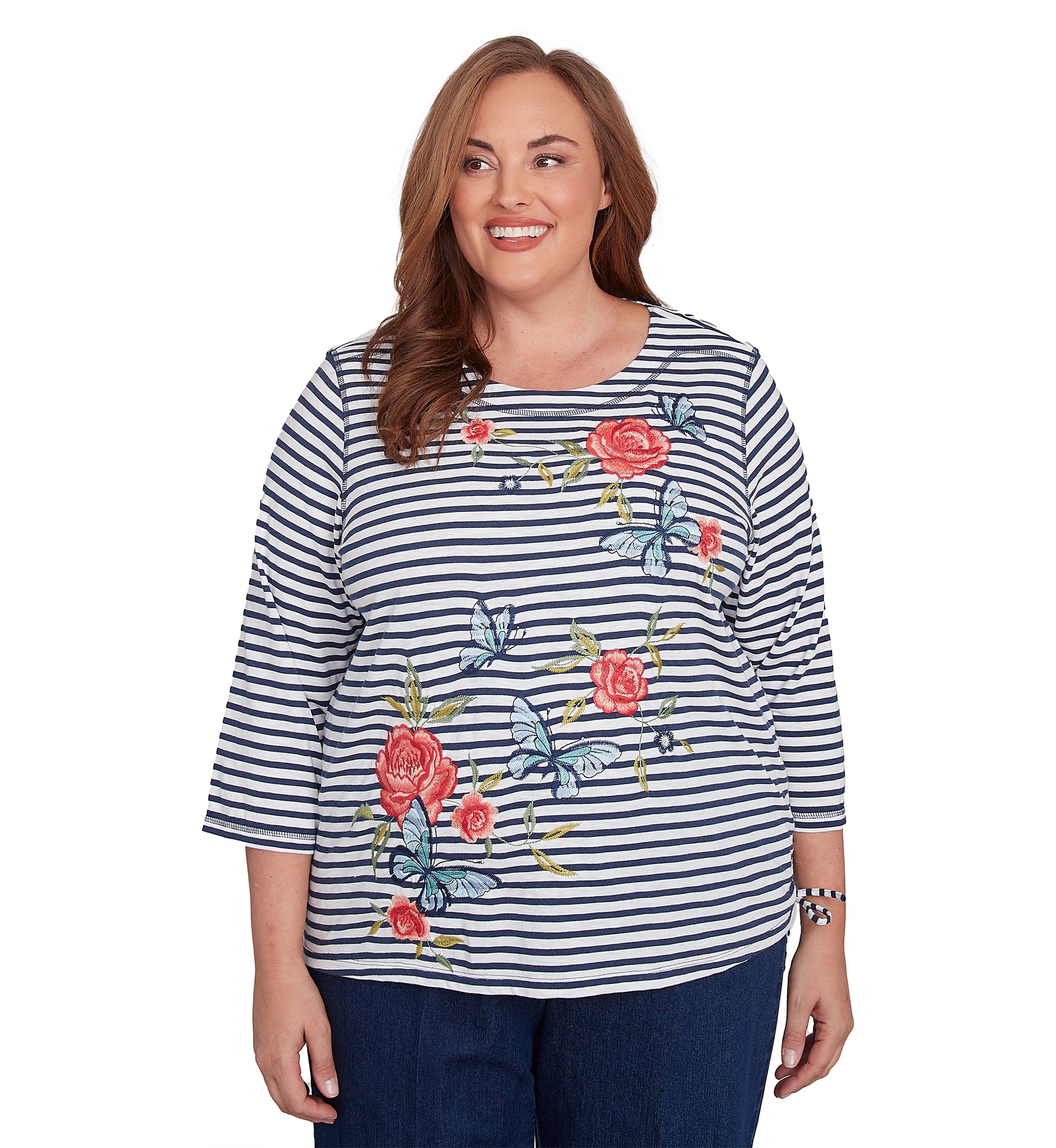 Plus Size Free Spirit Stripe Embroidered Butterflies Top