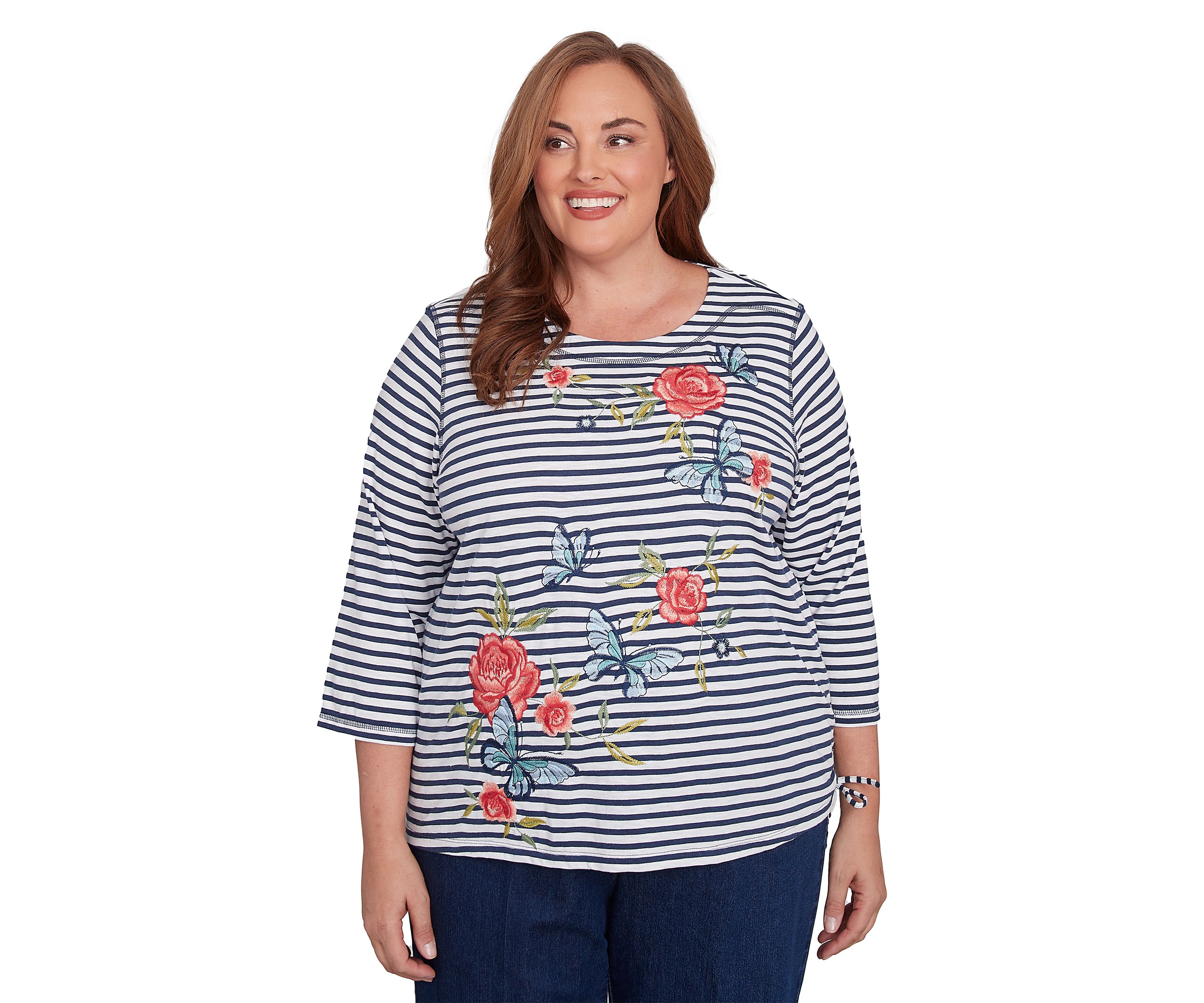 Plus Size Free Spirit Stripe Embroidered Butterflies Top