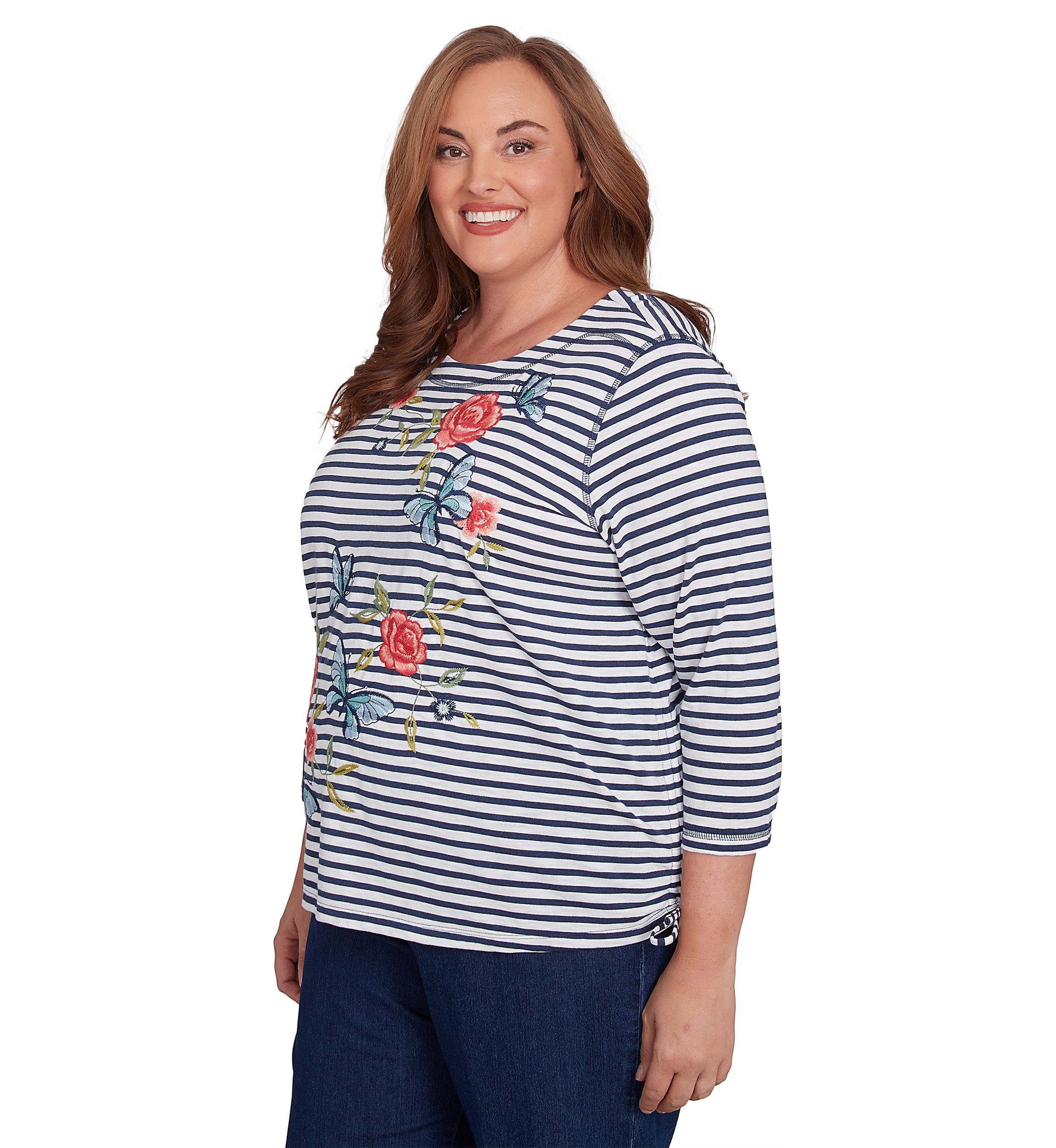 Plus Size Free Spirit Stripe Embroidered Butterflies Top