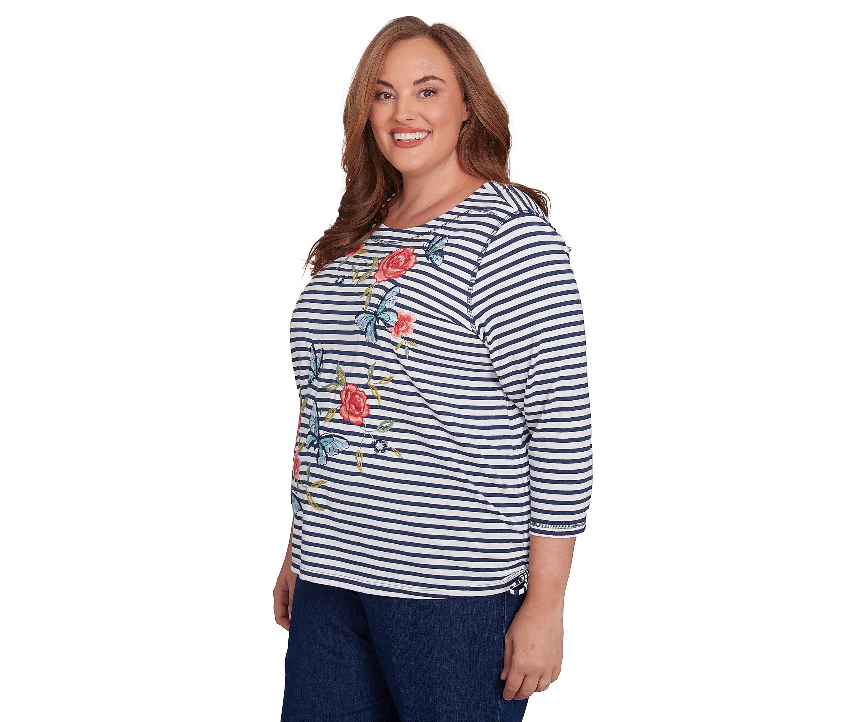 Plus Size Free Spirit Stripe Embroidered Butterflies Top