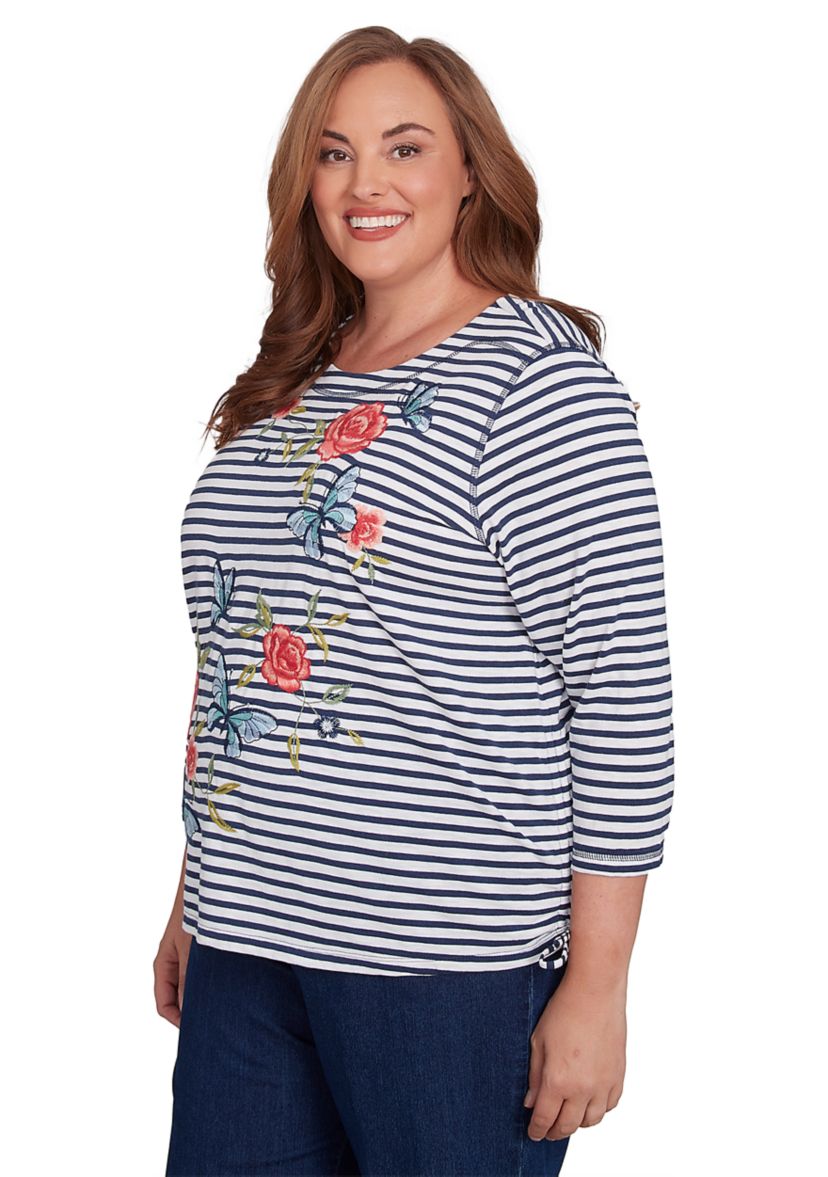 Plus Size Free Spirit Stripe Embroidered Butterflies Top