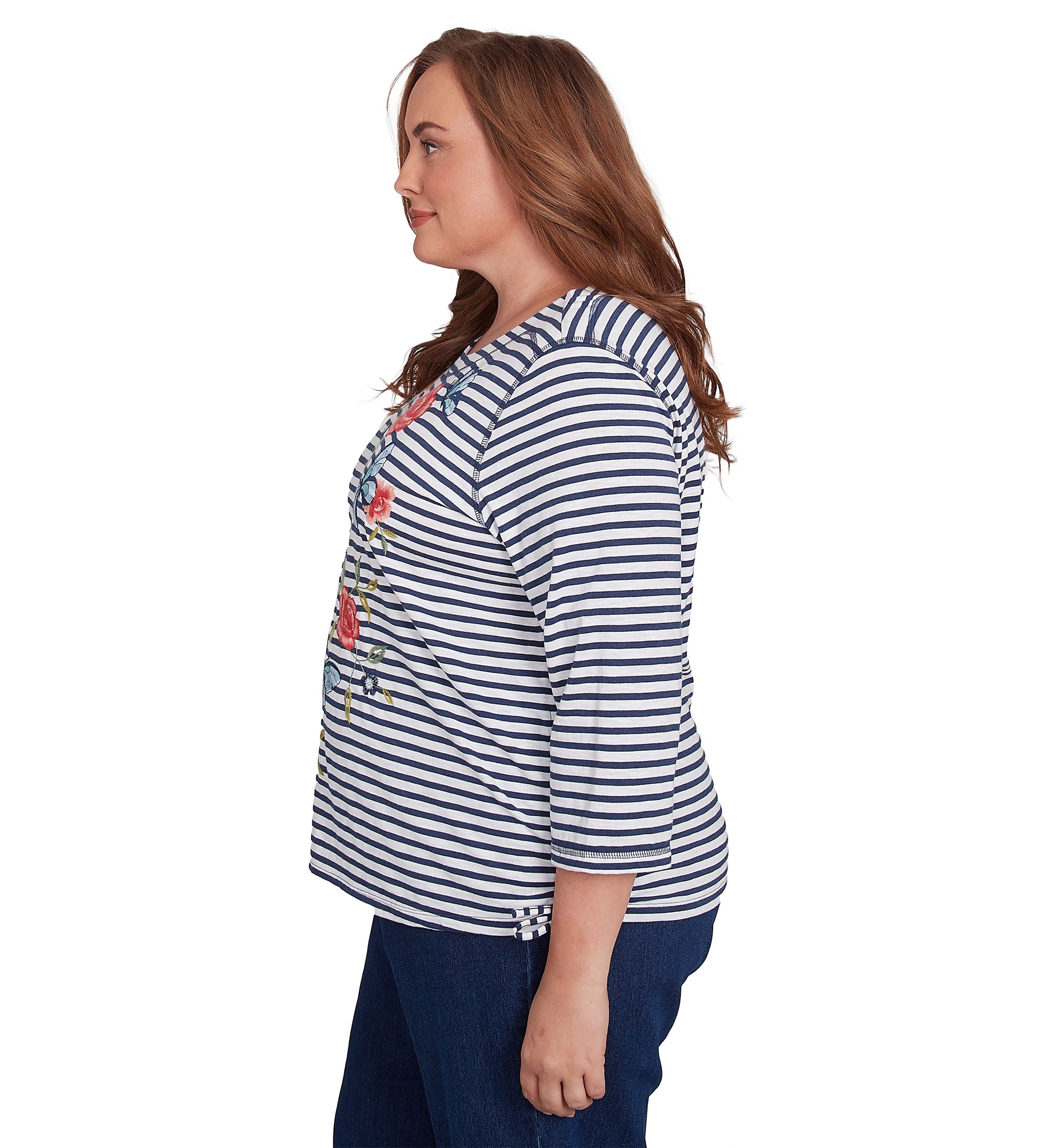 Plus Size Free Spirit Stripe Embroidered Butterflies Top