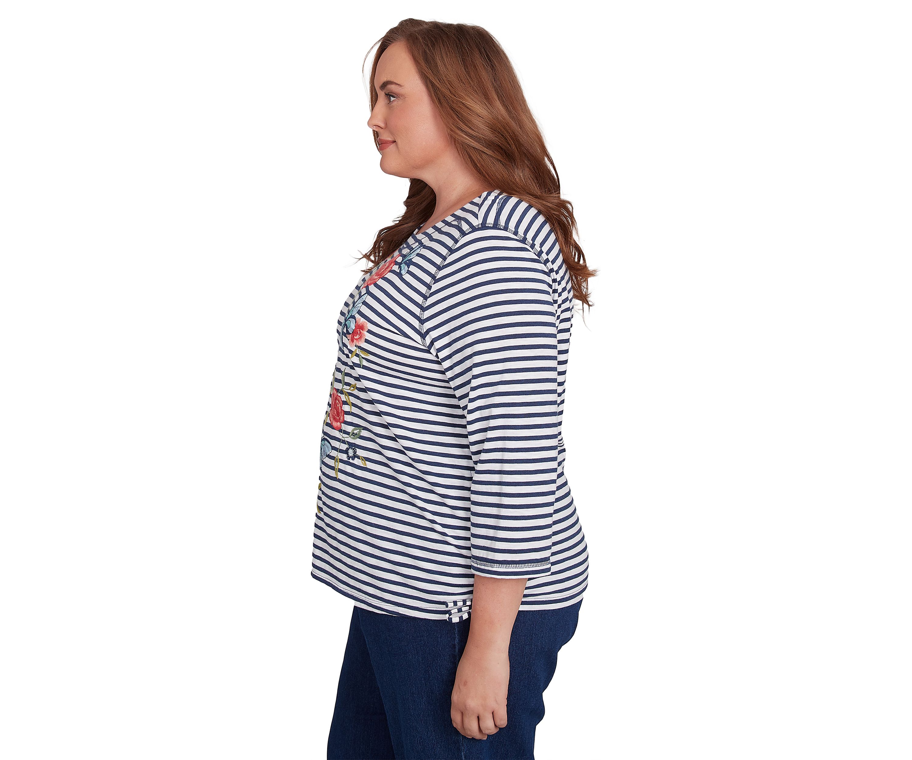 Plus Size Free Spirit Stripe Embroidered Butterflies Top