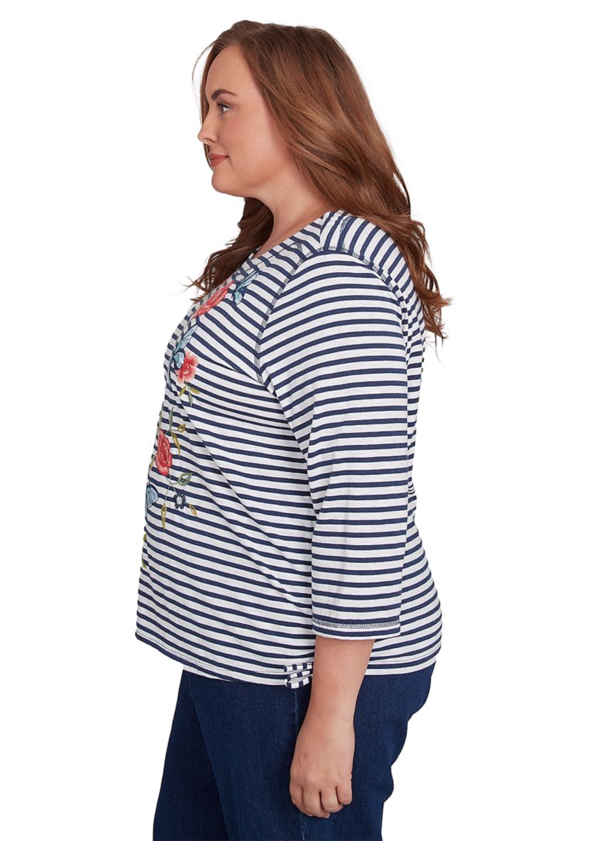 Plus Size Free Spirit Stripe Embroidered Butterflies Top