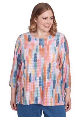 Alfred Dunner Women's Plus Size Free Spirit Brushstrokes Mini Ruffle Top, Coral, 3X