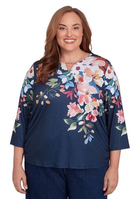 Alfred Dunner Women's Plus Size Free Spirit Placed Yoke Floral Printed Top