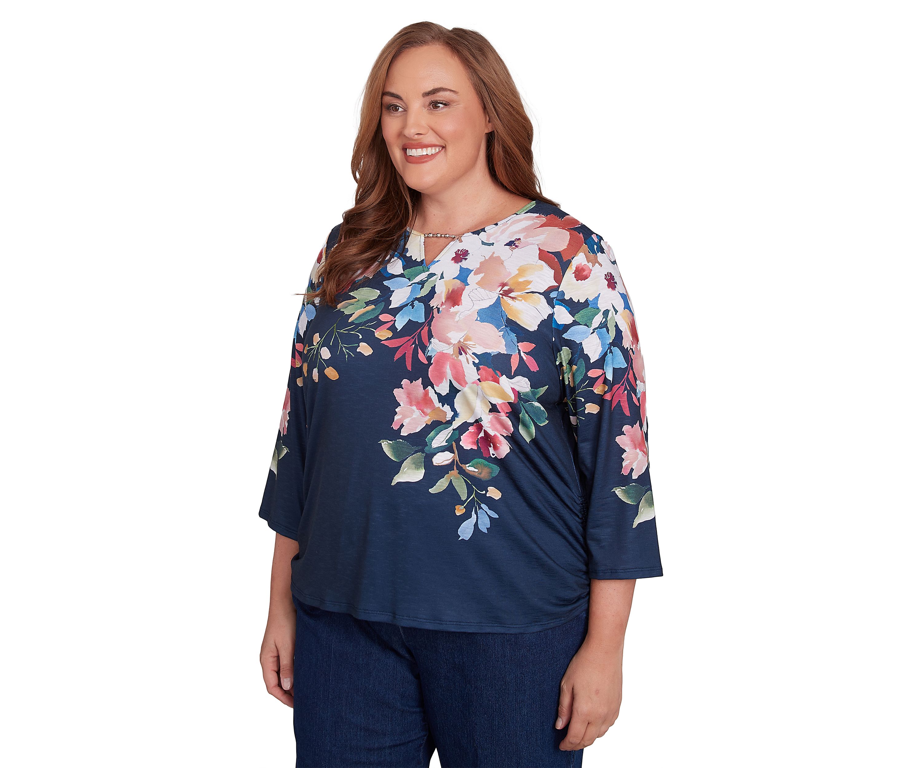 Plus Size Free Spirit Placed Yoke Floral Printed Top