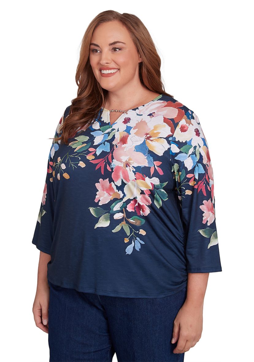 Plus Size Free Spirit Placed Yoke Floral Printed Top