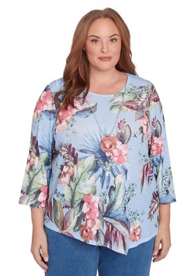 Alfred Dunner Women's Plus Size Free Spirit Tropical Printed Top, Blue, 3X