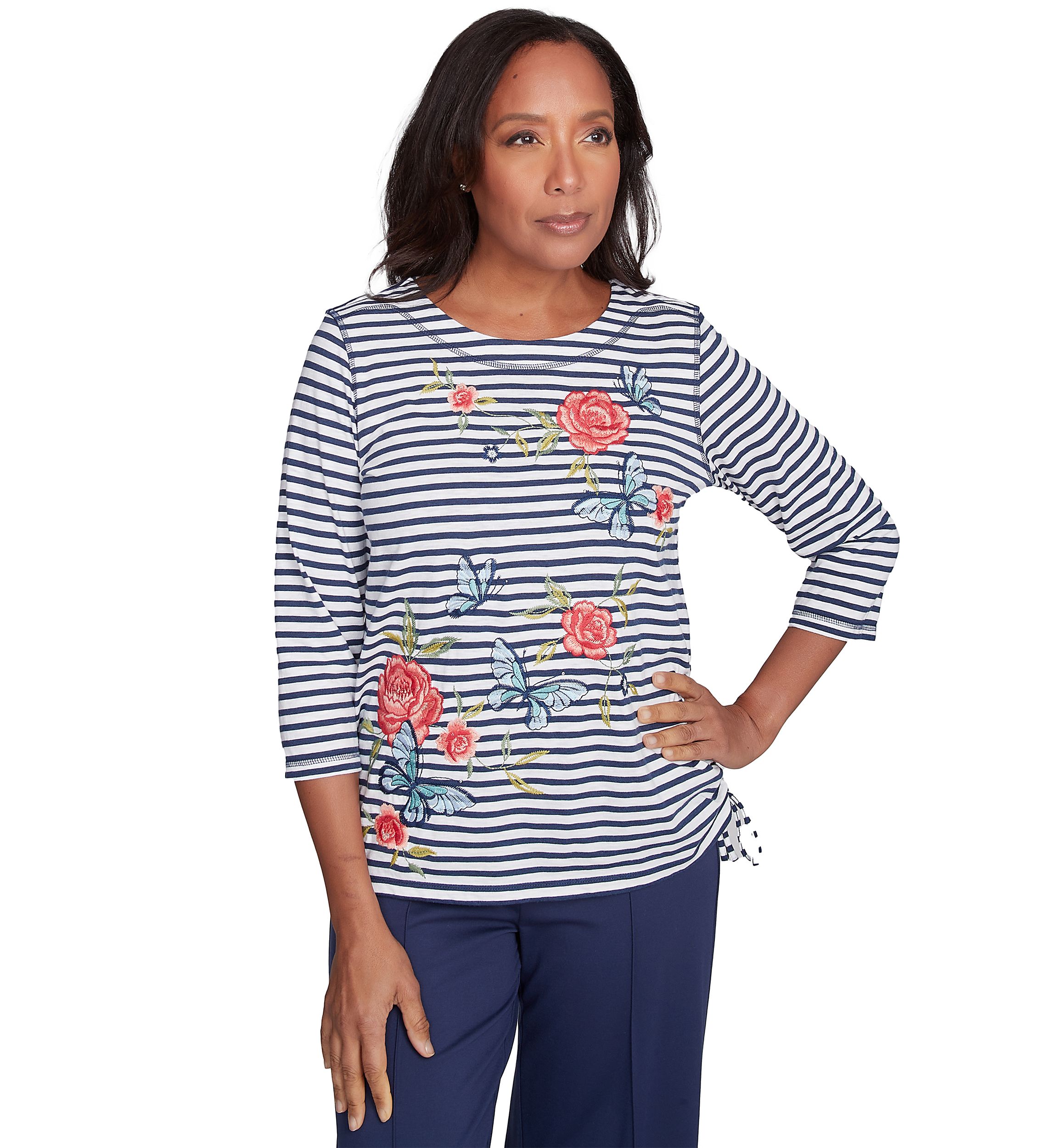 Petite Free Spirit Stripe Embroidered Butterflies Top
