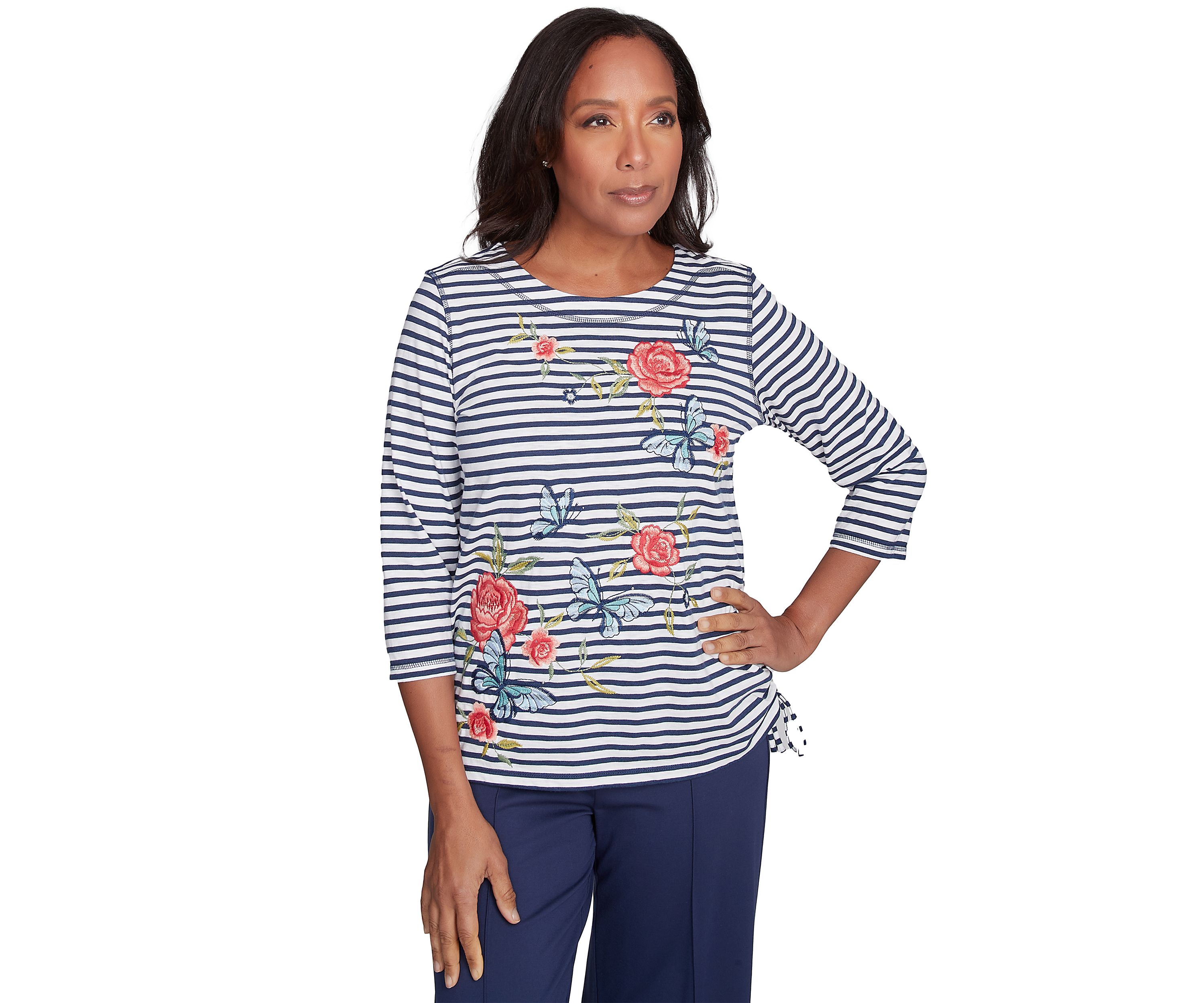 Petite Free Spirit Stripe Embroidered Butterflies Top