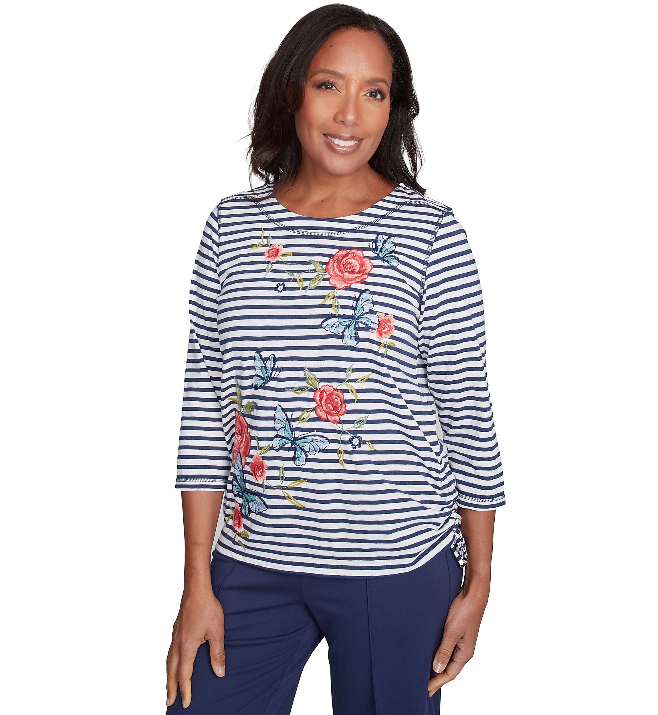Petite Free Spirit Stripe Embroidered Butterflies Top