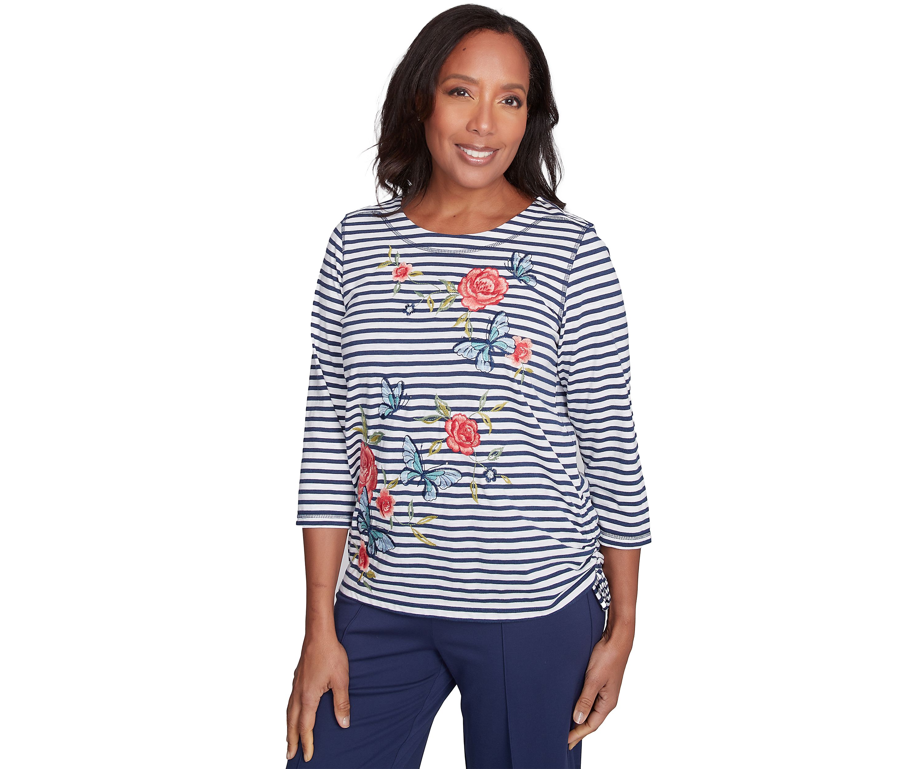 Petite Free Spirit Stripe Embroidered Butterflies Top
