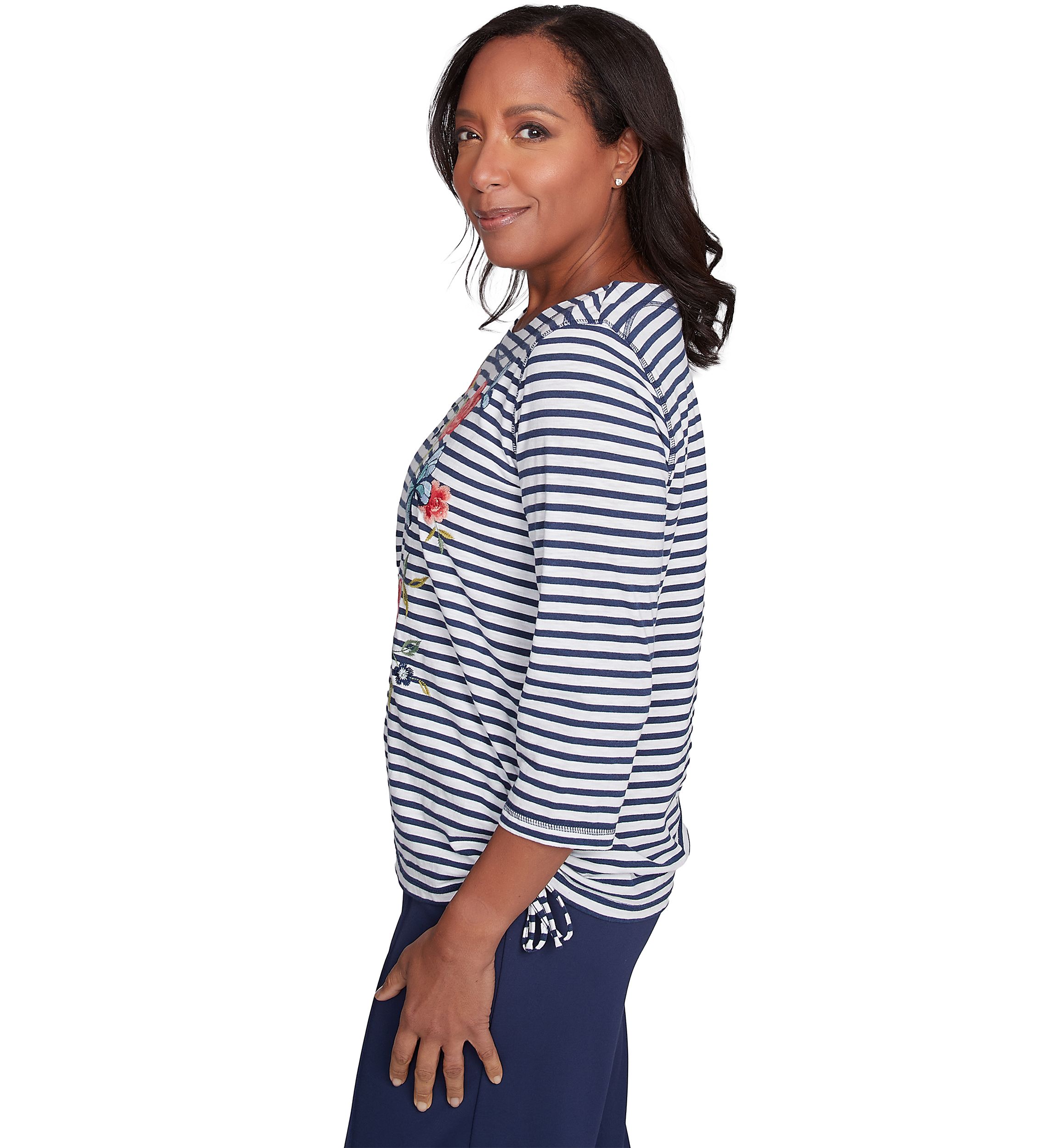 Petite Free Spirit Stripe Embroidered Butterflies Top