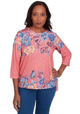 Alfred Dunner Women's Petite Free Spirit Drama Placed Floral Printed Top