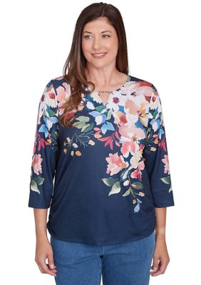 Alfred Dunner Women's Petite Free Spirit Placed Yoke Floral Printed Top