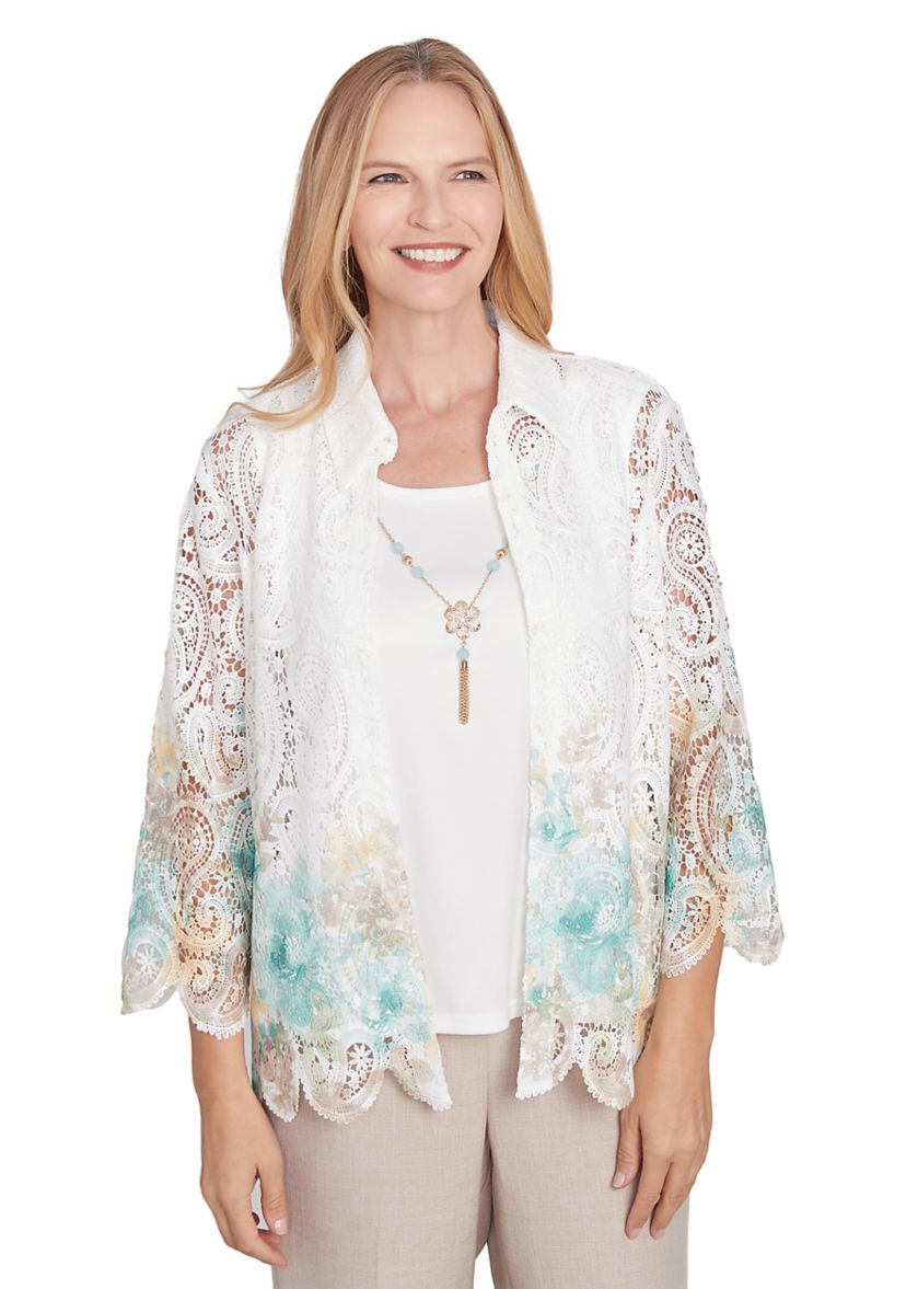 Womens Kensington Gardens Border Floral Lace 2Fer Top