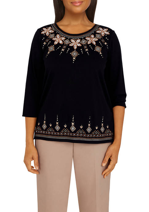 Alfred Dunner Plus Size Floral Border Knit Top