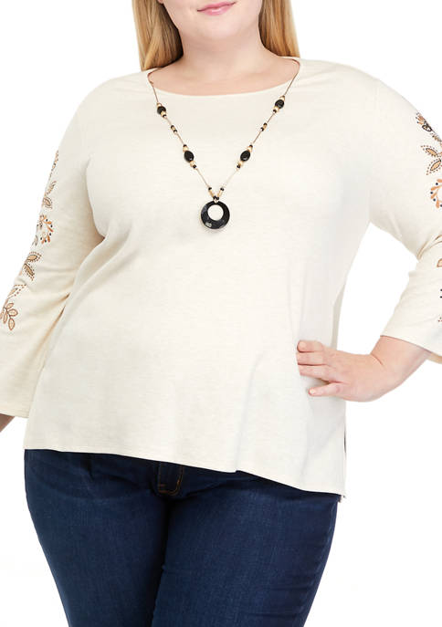 Alfred Dunner Plus Size Embroidered 3/4 Sleeve Knit
