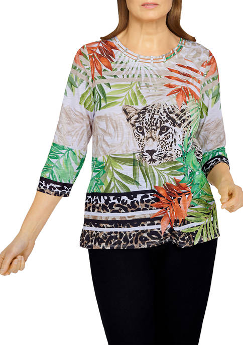 Alfred Dunner Petite Animal Striped Border Top