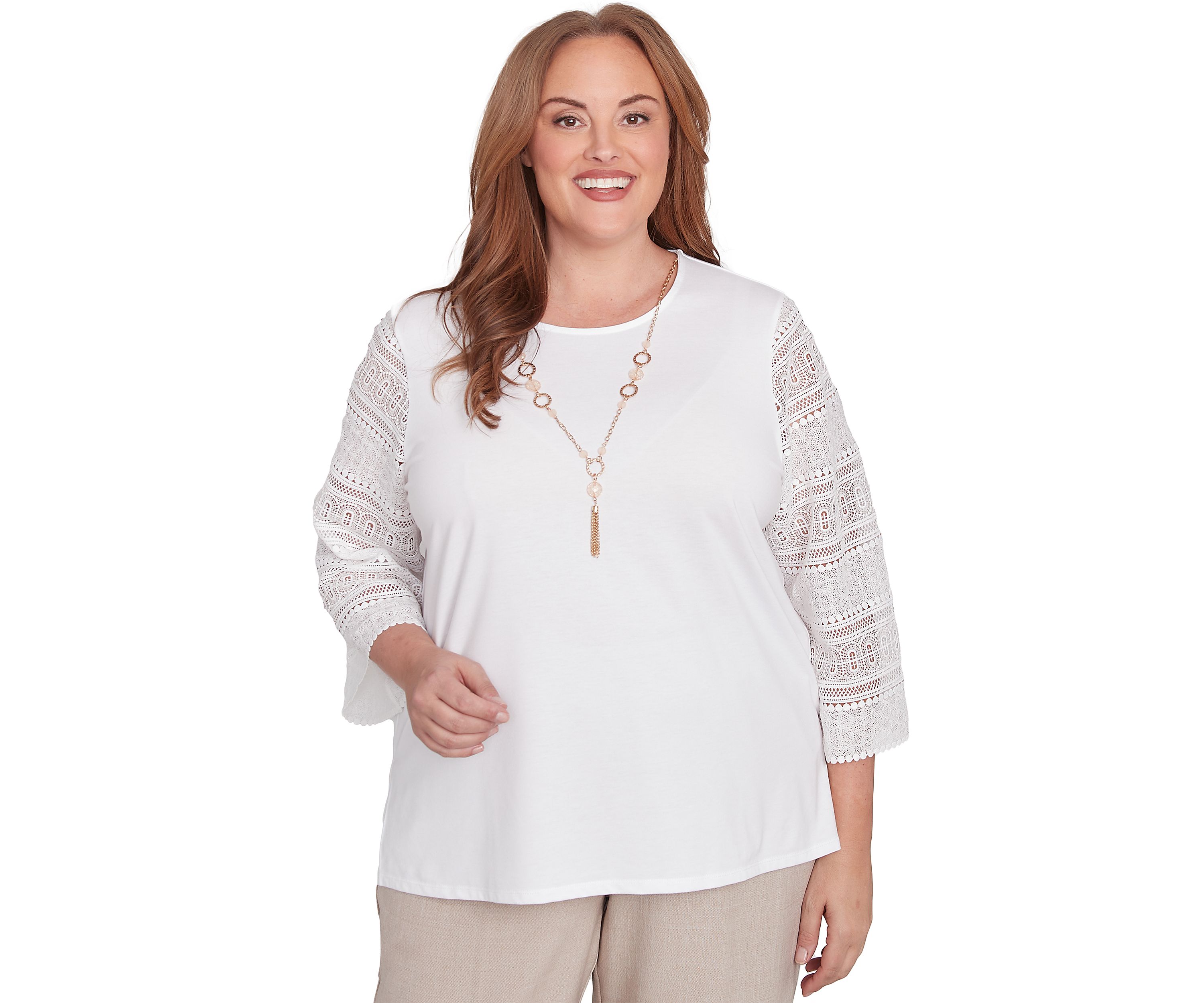 Plus Size Kensington Gardens Solid Top with Lace Sleeves