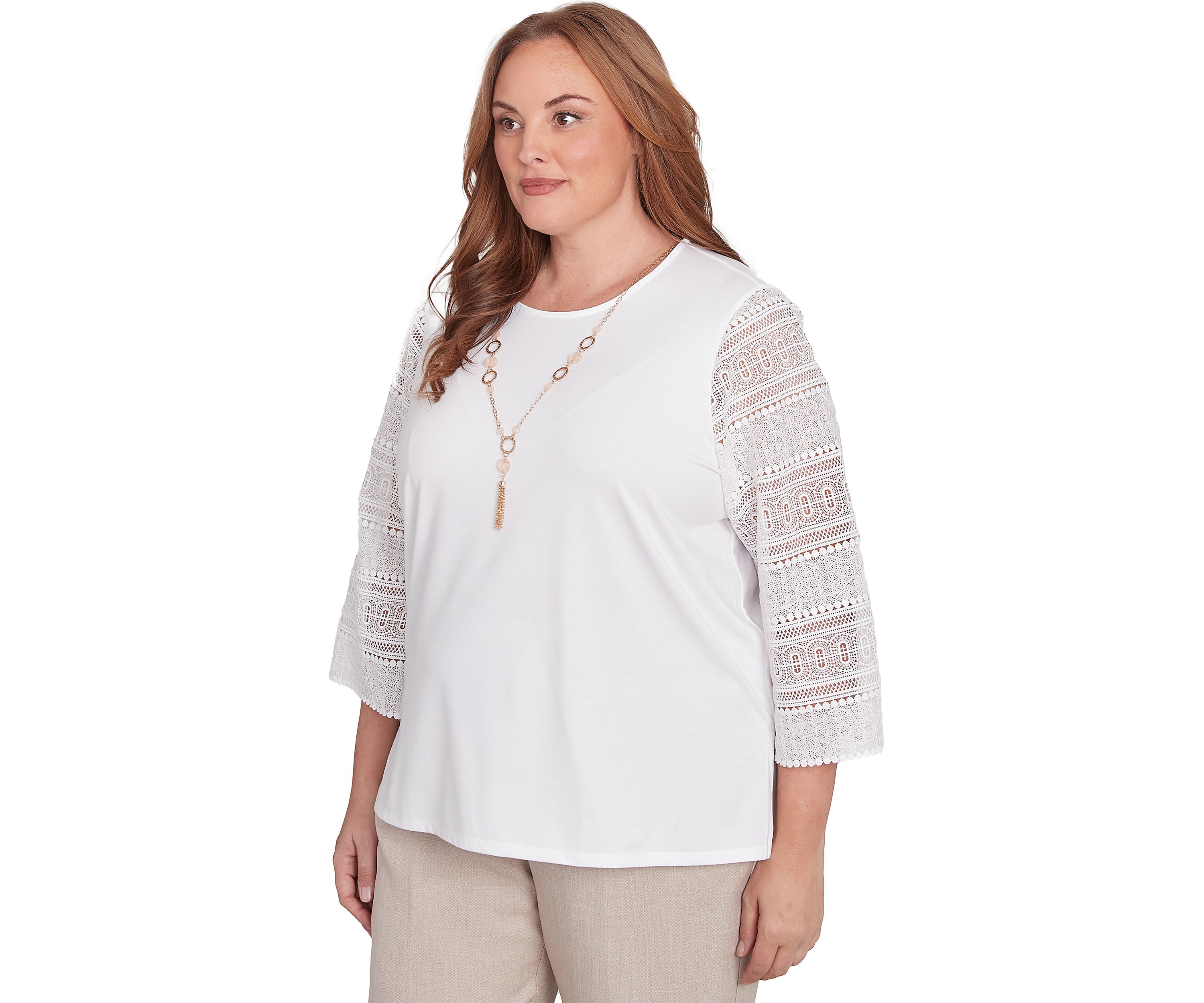 Plus Size Kensington Gardens Solid Top with Lace Sleeves