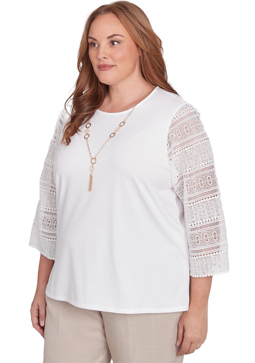 Plus Size Kensington Gardens Solid Top with Lace Sleeves