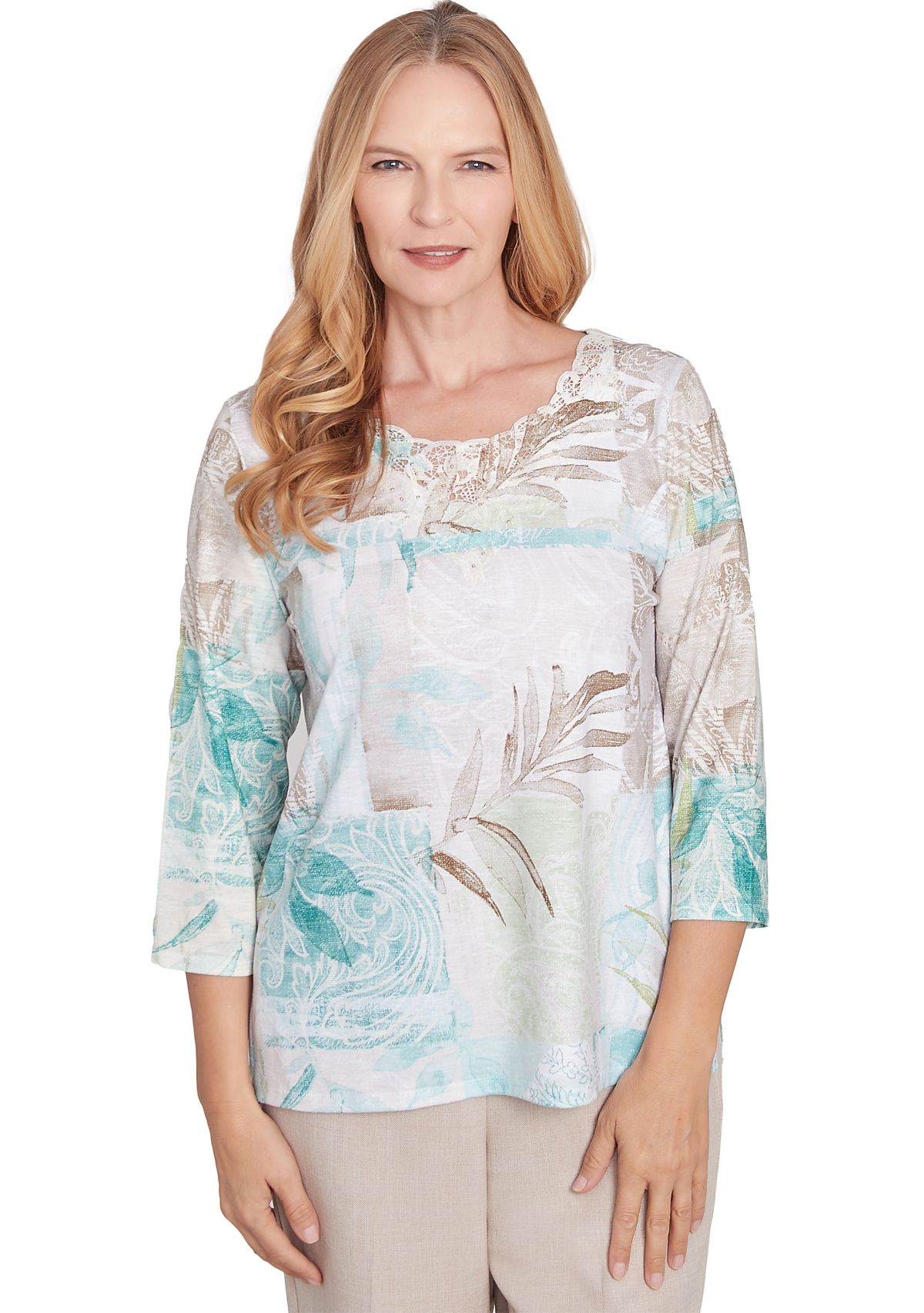 Petite Kensington Gardens Texture Leaves Patchwork Top