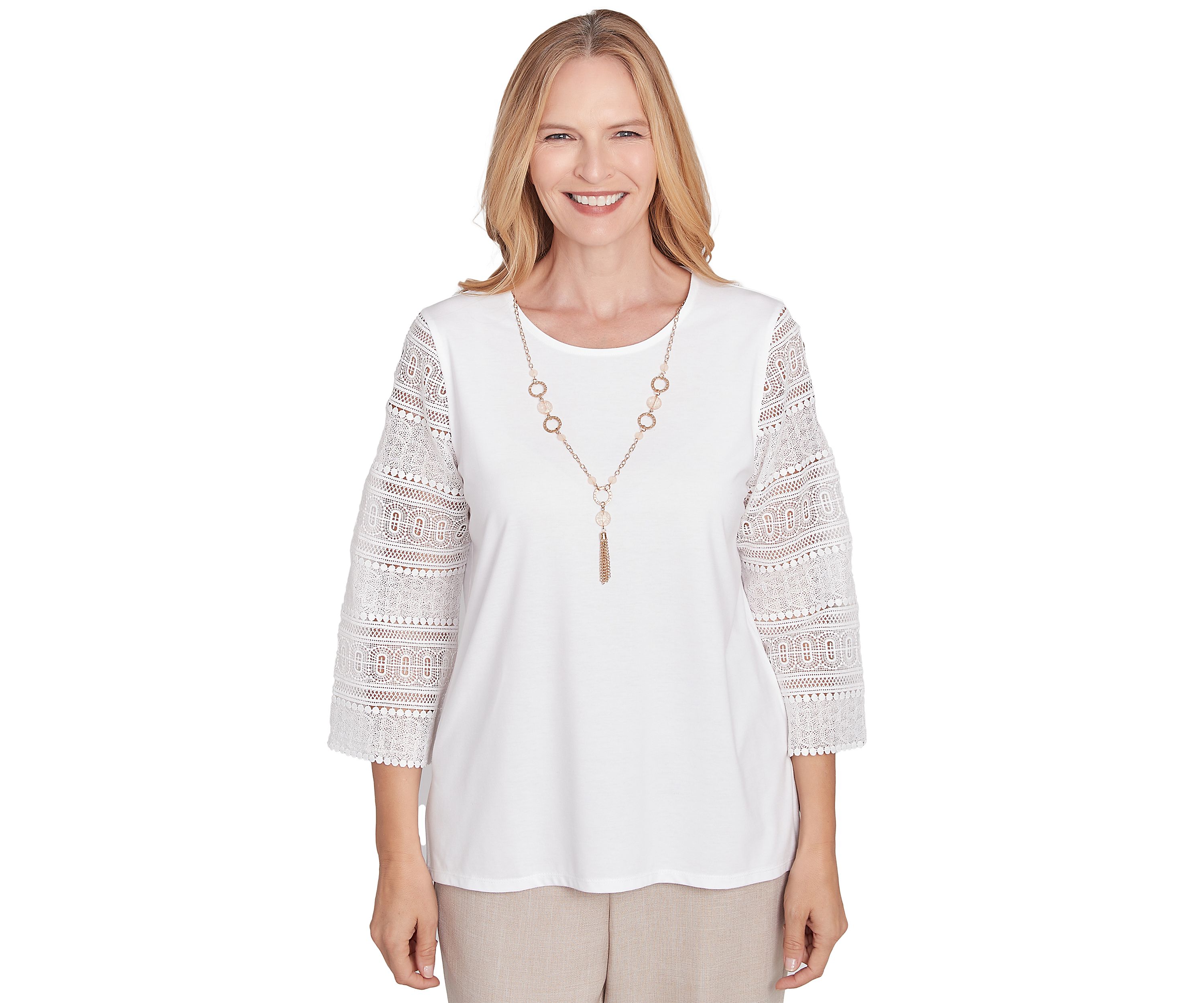 Petite Kensington Gardens Solid Top with Lace Sleeves