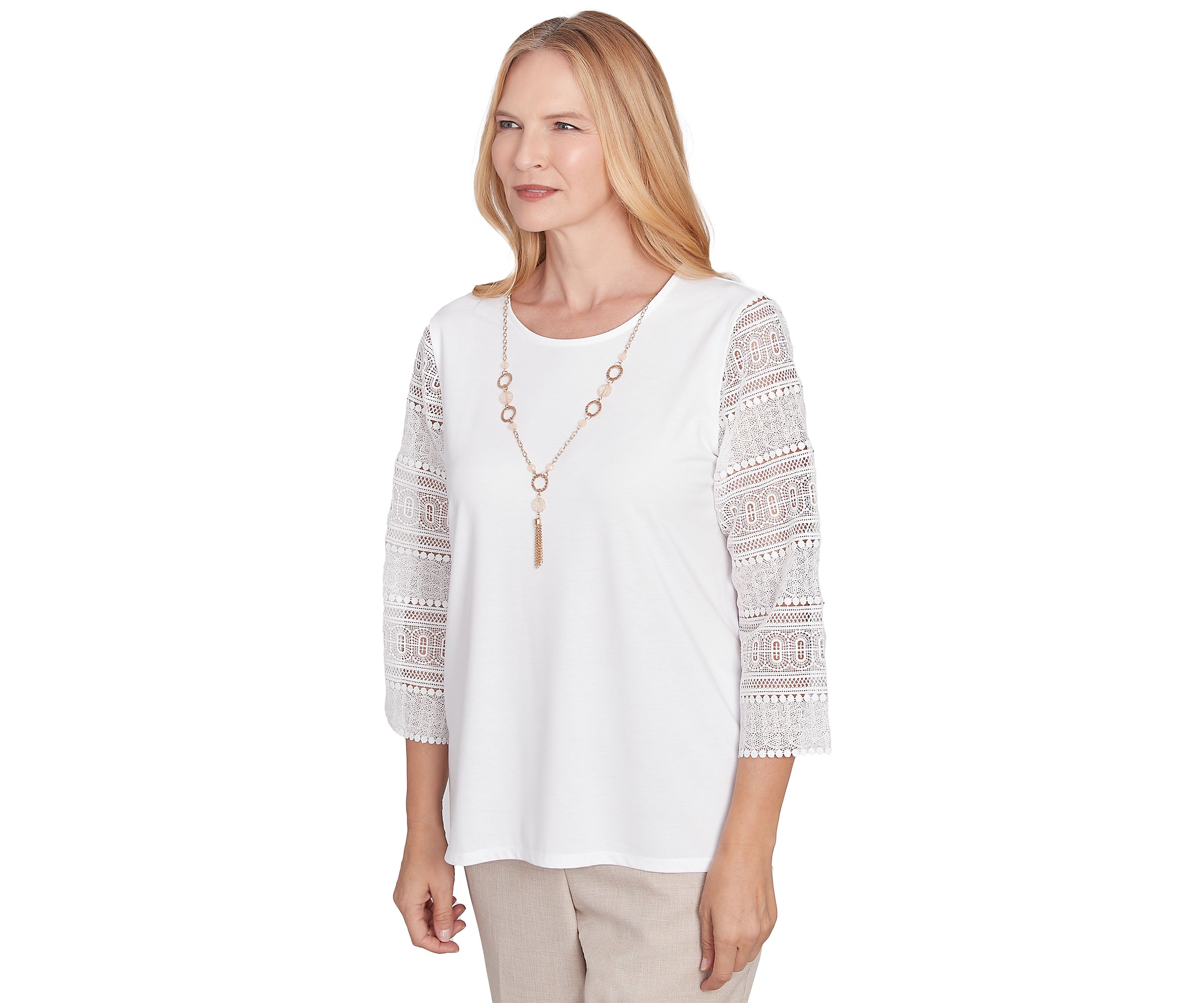 Petite Kensington Gardens Solid Top with Lace Sleeves
