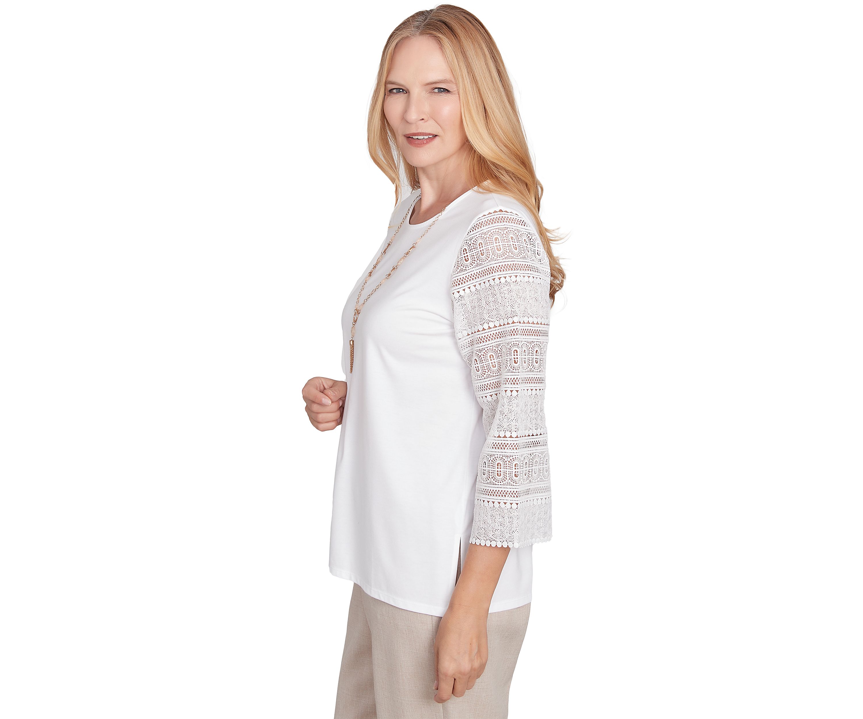 Petite Kensington Gardens Solid Top with Lace Sleeves