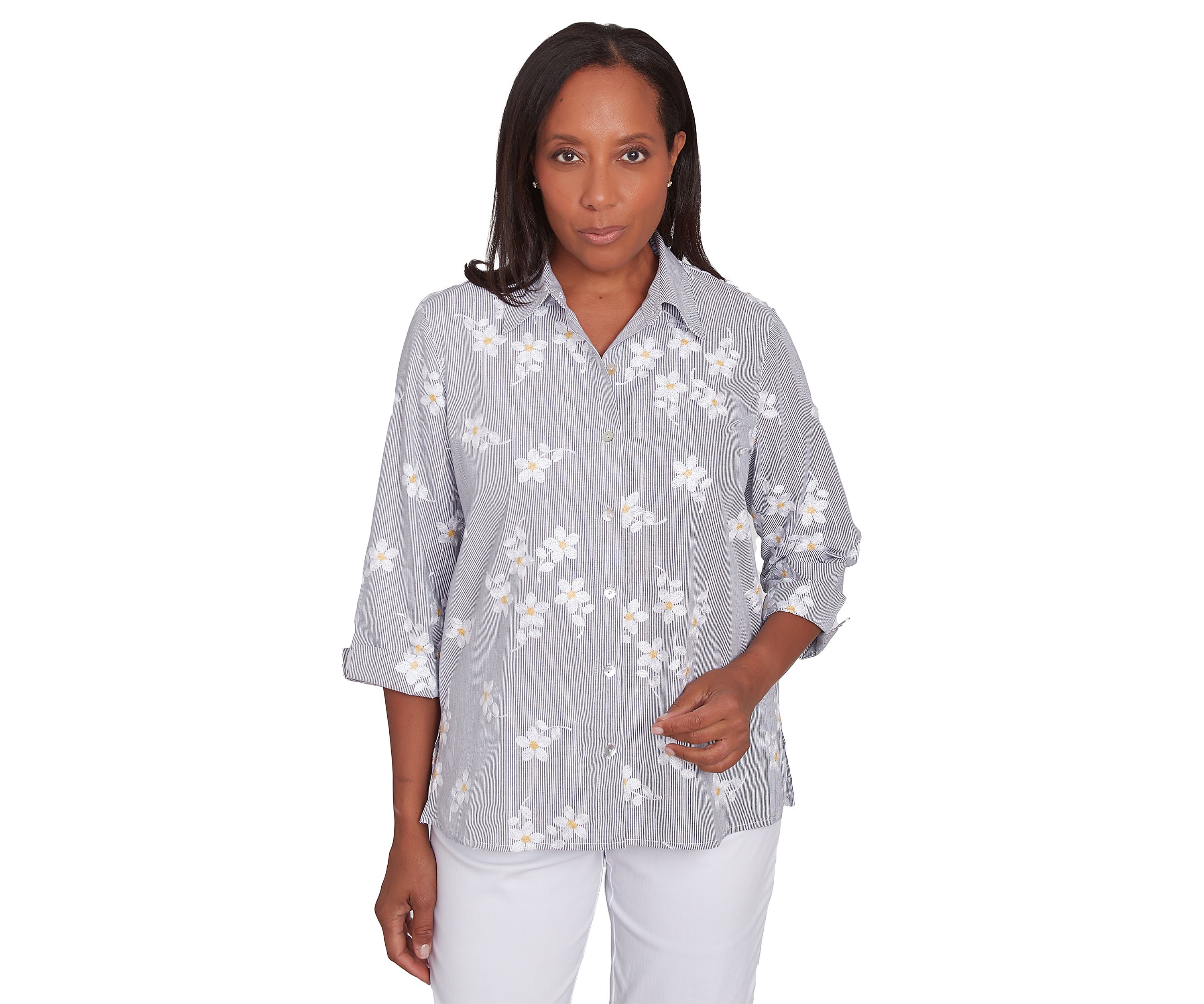 Womens Dress Code Flower Embroidered Lurex Stripe Top