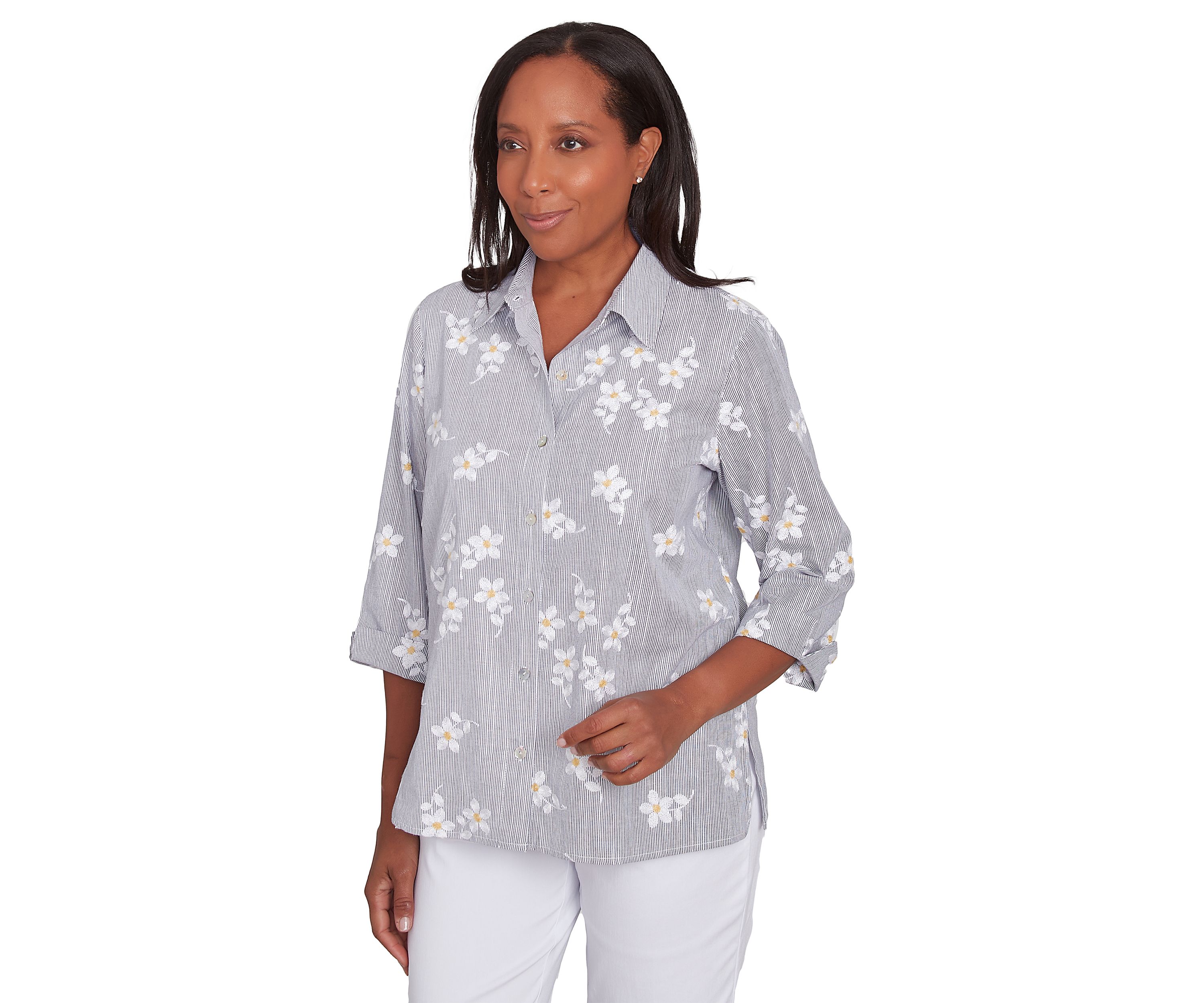 Womens Dress Code Flower Embroidered Lurex Stripe Top