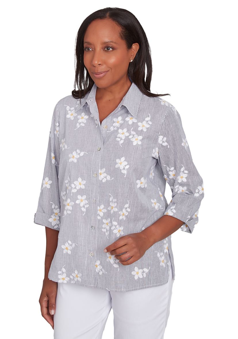 Womens Dress Code Flower Embroidered Lurex Stripe Top
