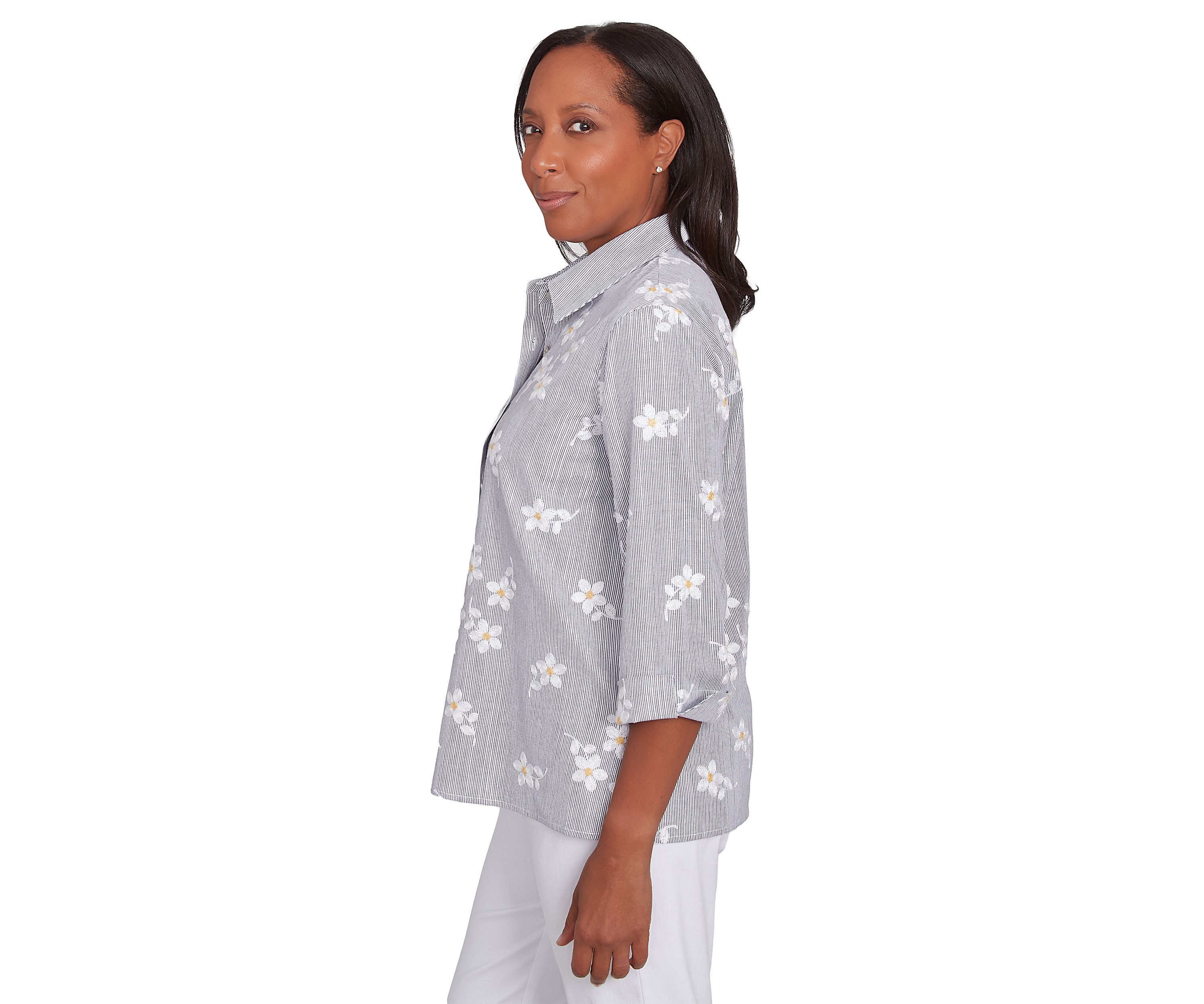 Womens Dress Code Flower Embroidered Lurex Stripe Top