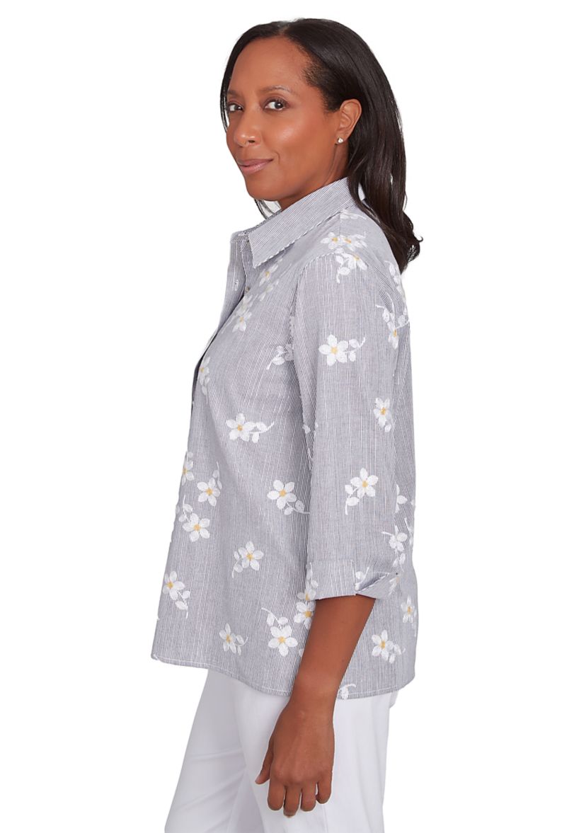Womens Dress Code Flower Embroidered Lurex Stripe Top