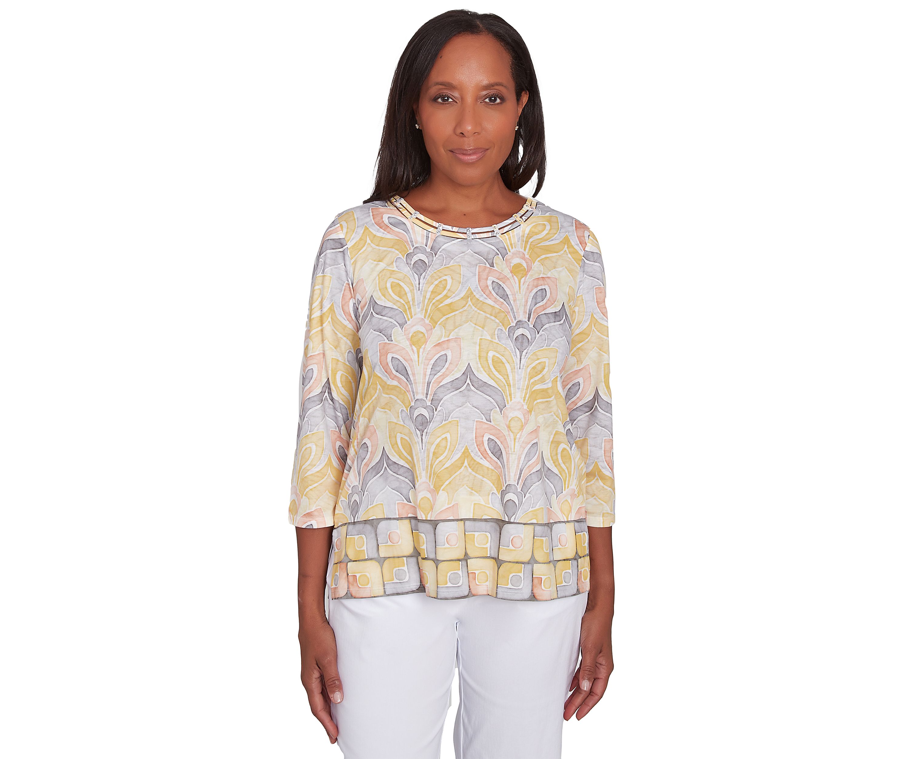 Womens Dress Code Medallion Geo Border Printed Top