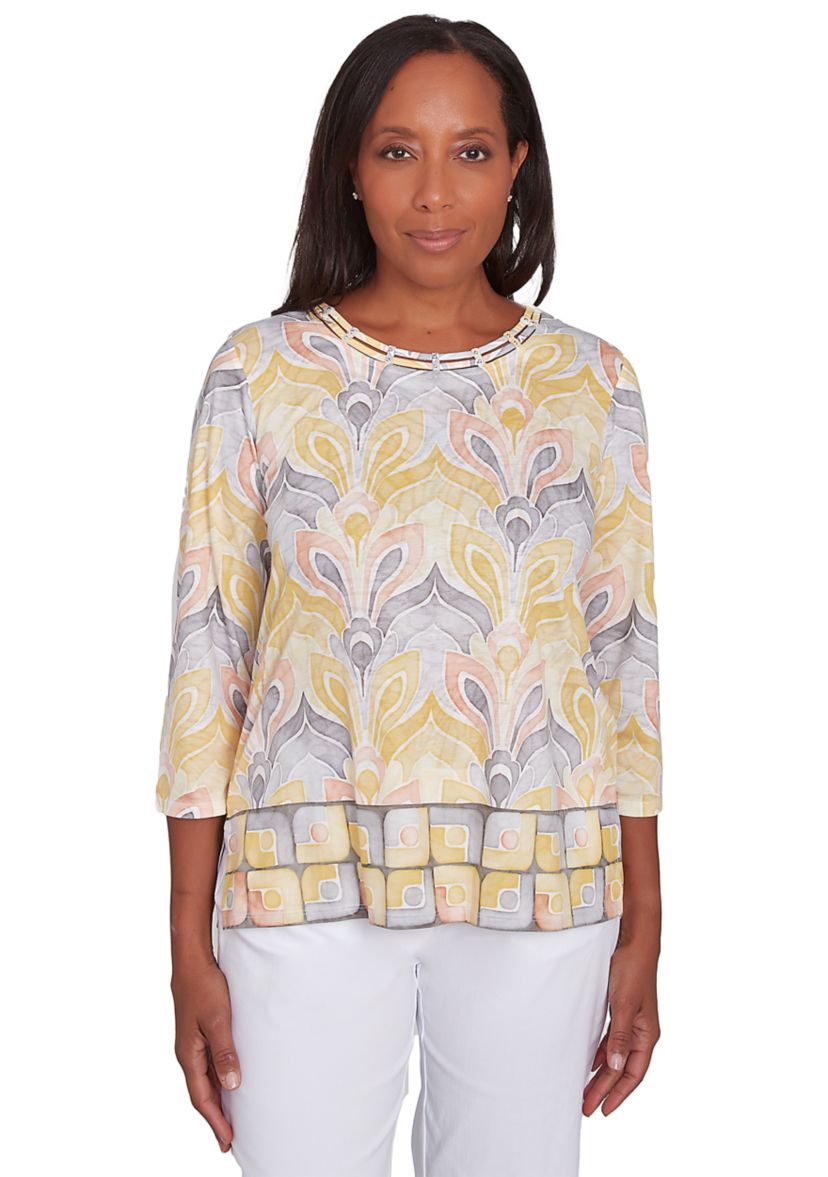 Womens Dress Code Medallion Geo Border Printed Top