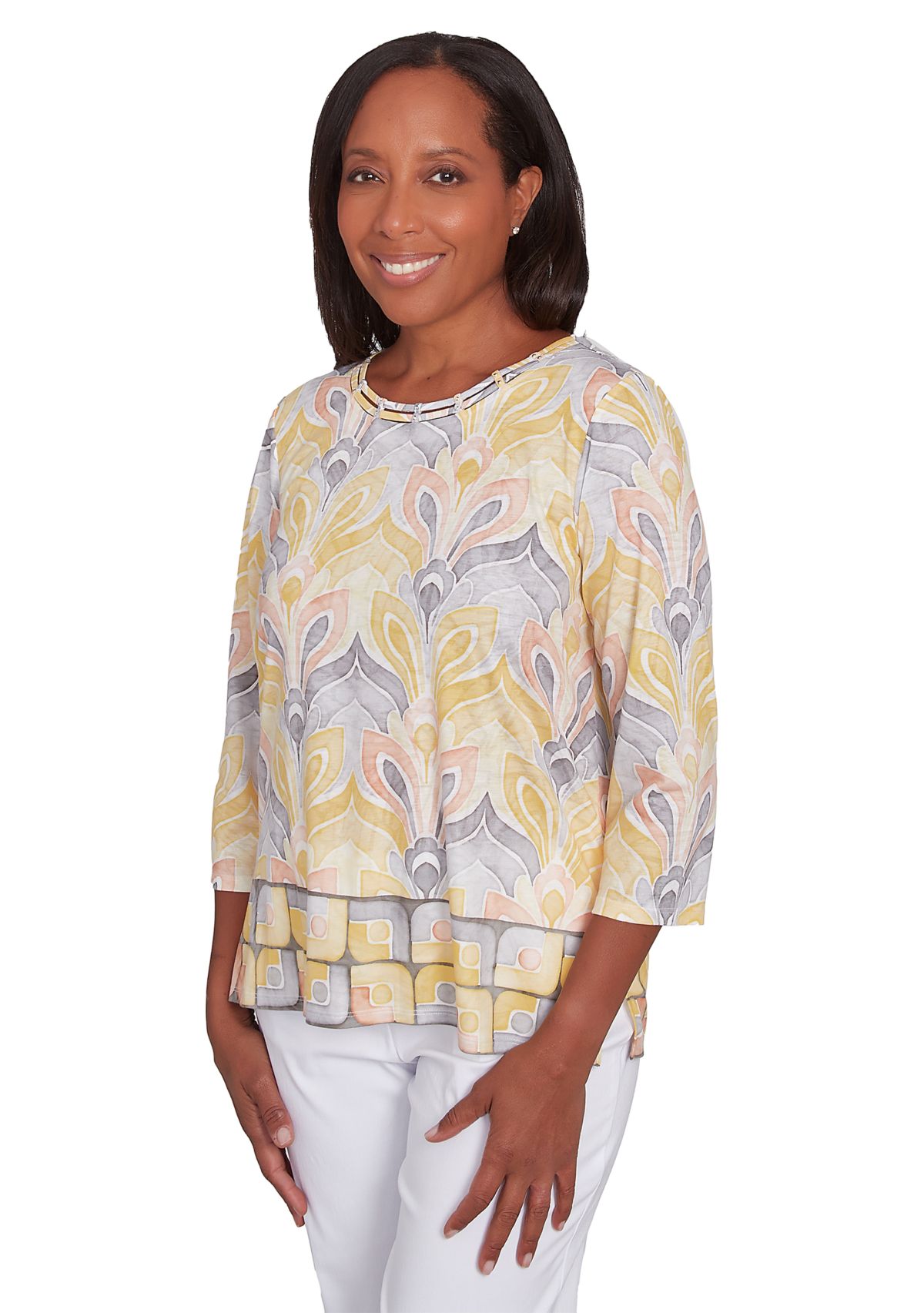Womens Dress Code Medallion Geo Border Printed Top
