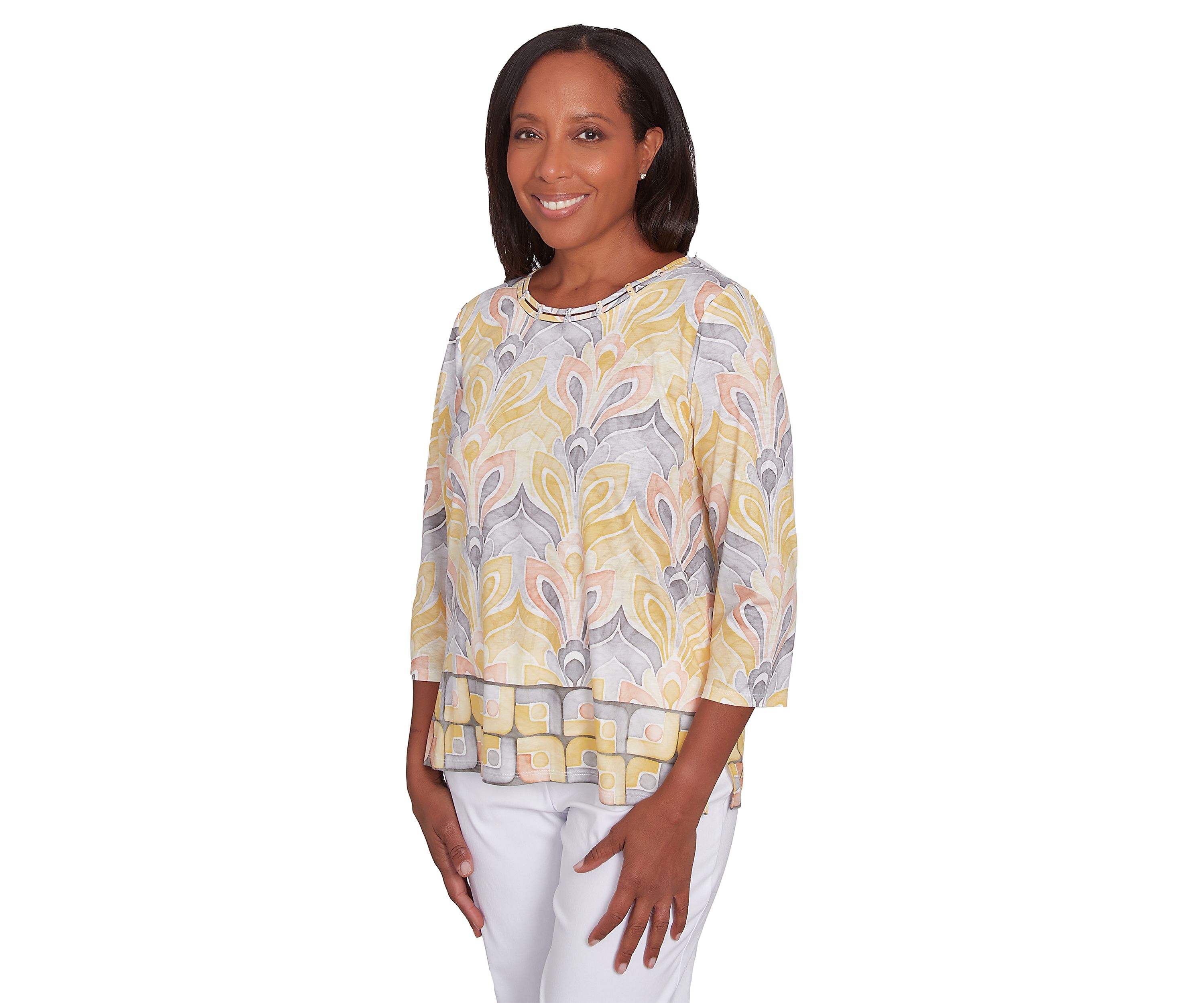 Womens Dress Code Medallion Geo Border Printed Top