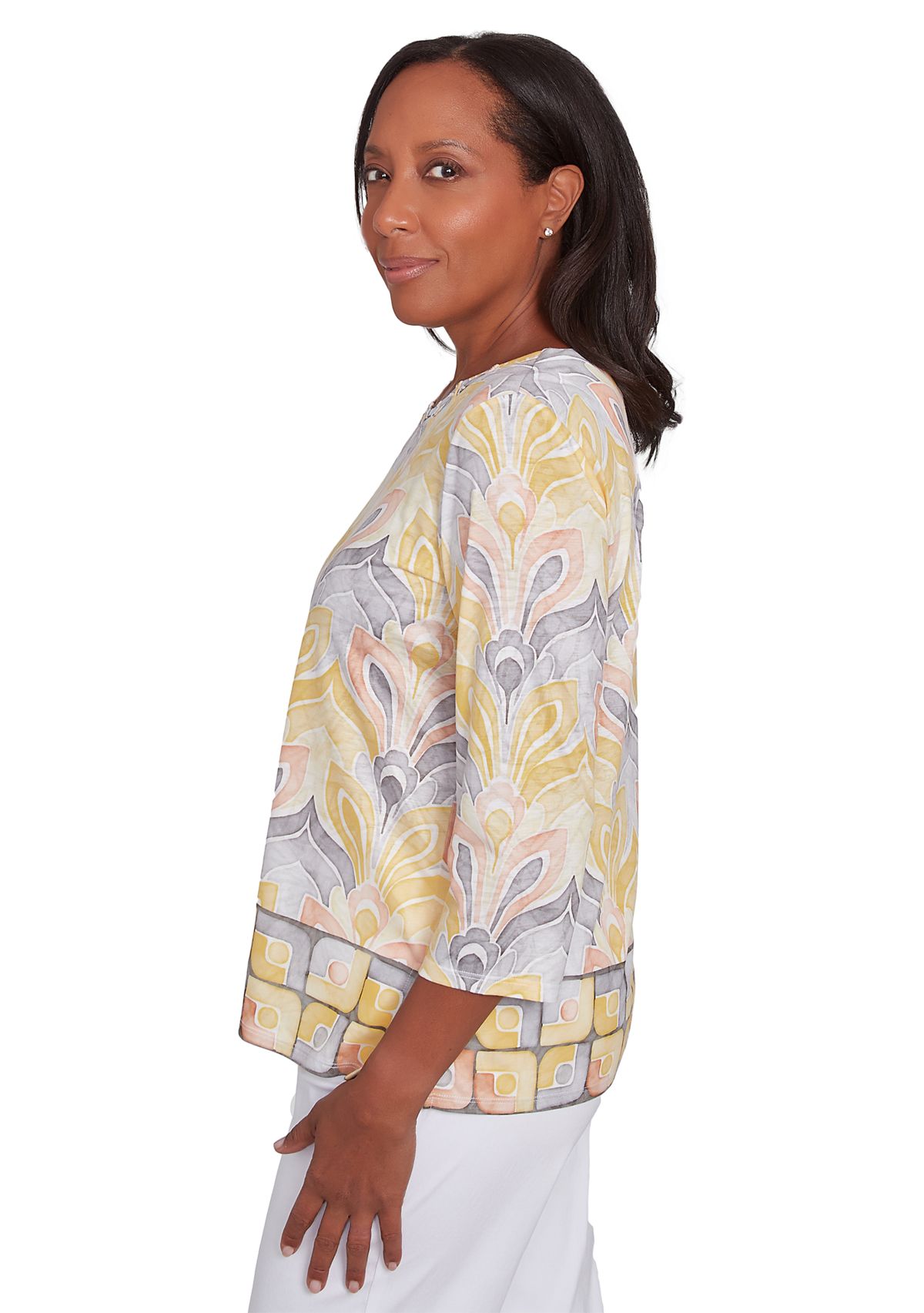 Womens Dress Code Medallion Geo Border Printed Top