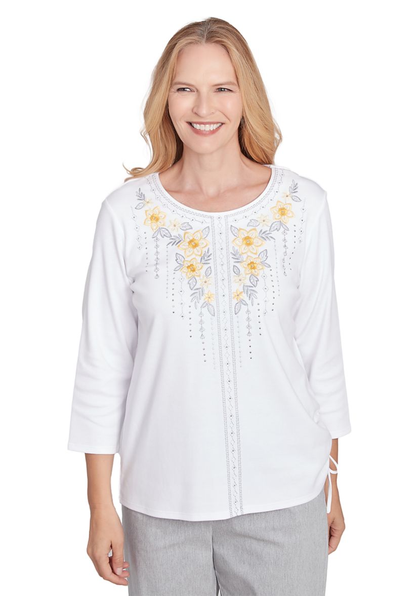 Womens Dress Code Linear Floral Yoke Embroidered Top